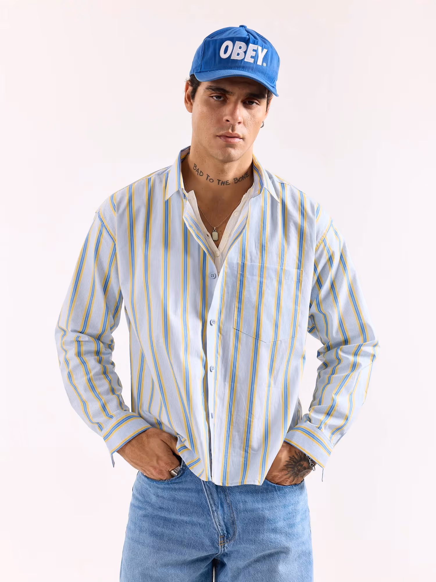 Blue & Yellow Striped Poplin Oversized Shirt image 3