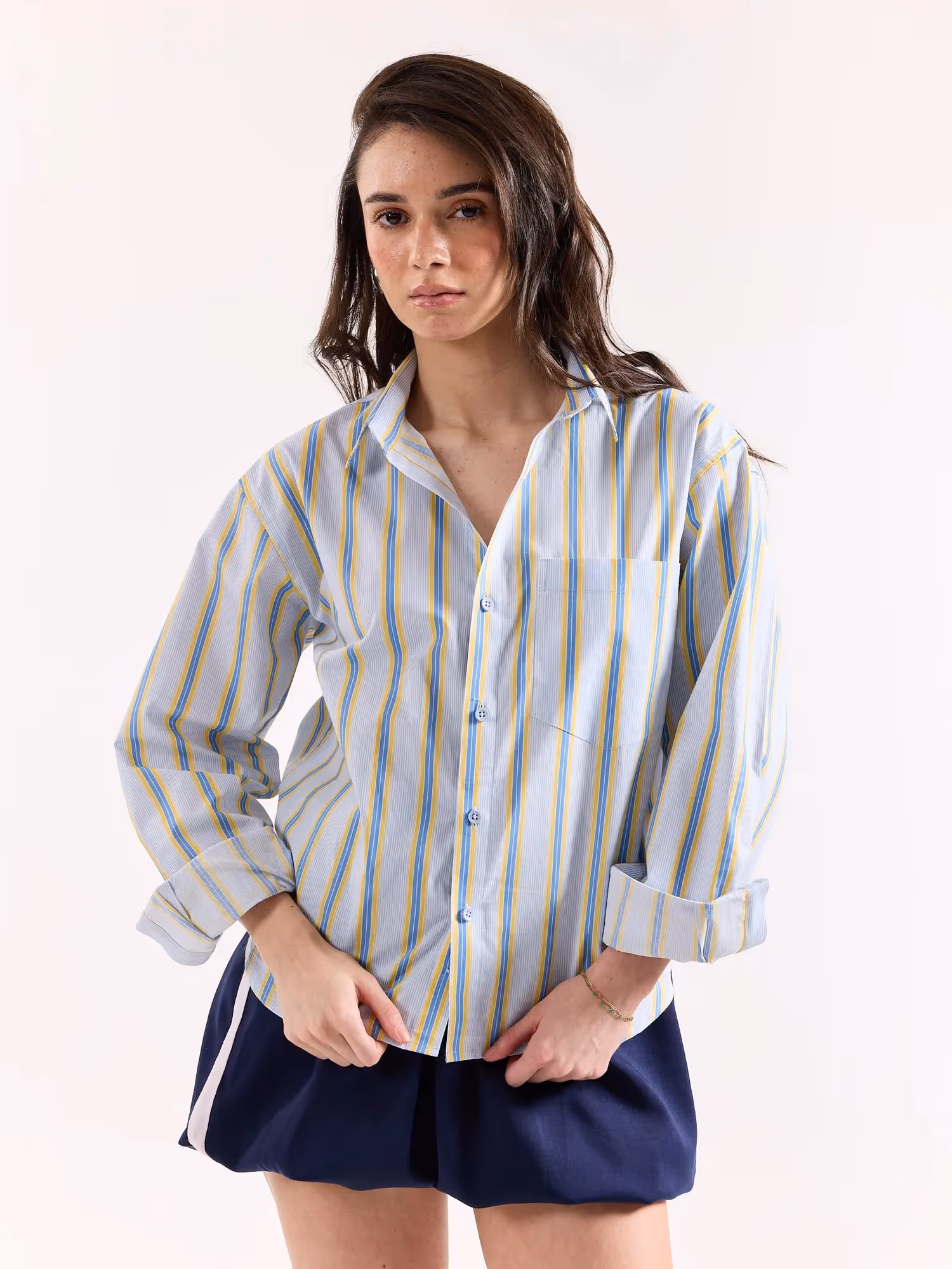 Blue & Yellow Striped Poplin Oversized Shirt image 4