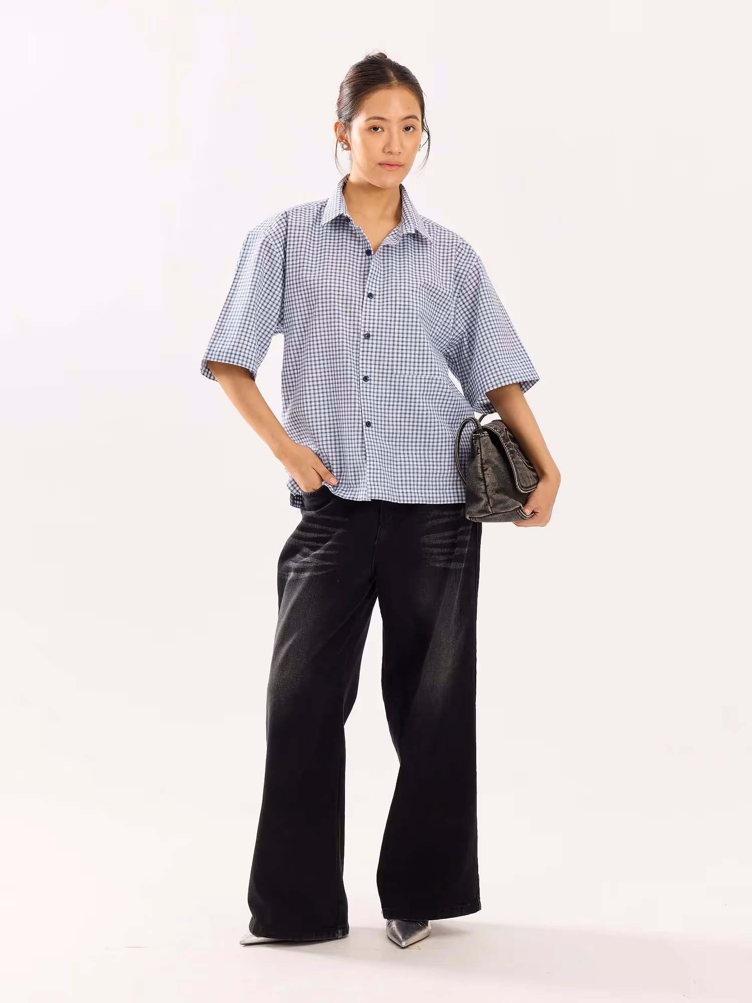 Blue Checkered Cropped Shirt  image 2