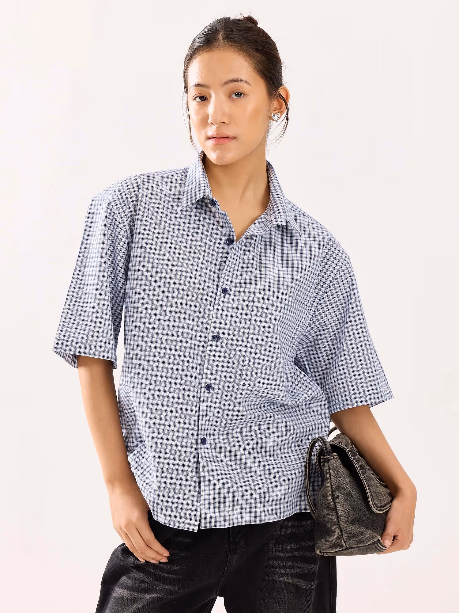 Blue Checkered Cropped Shirt  image 4