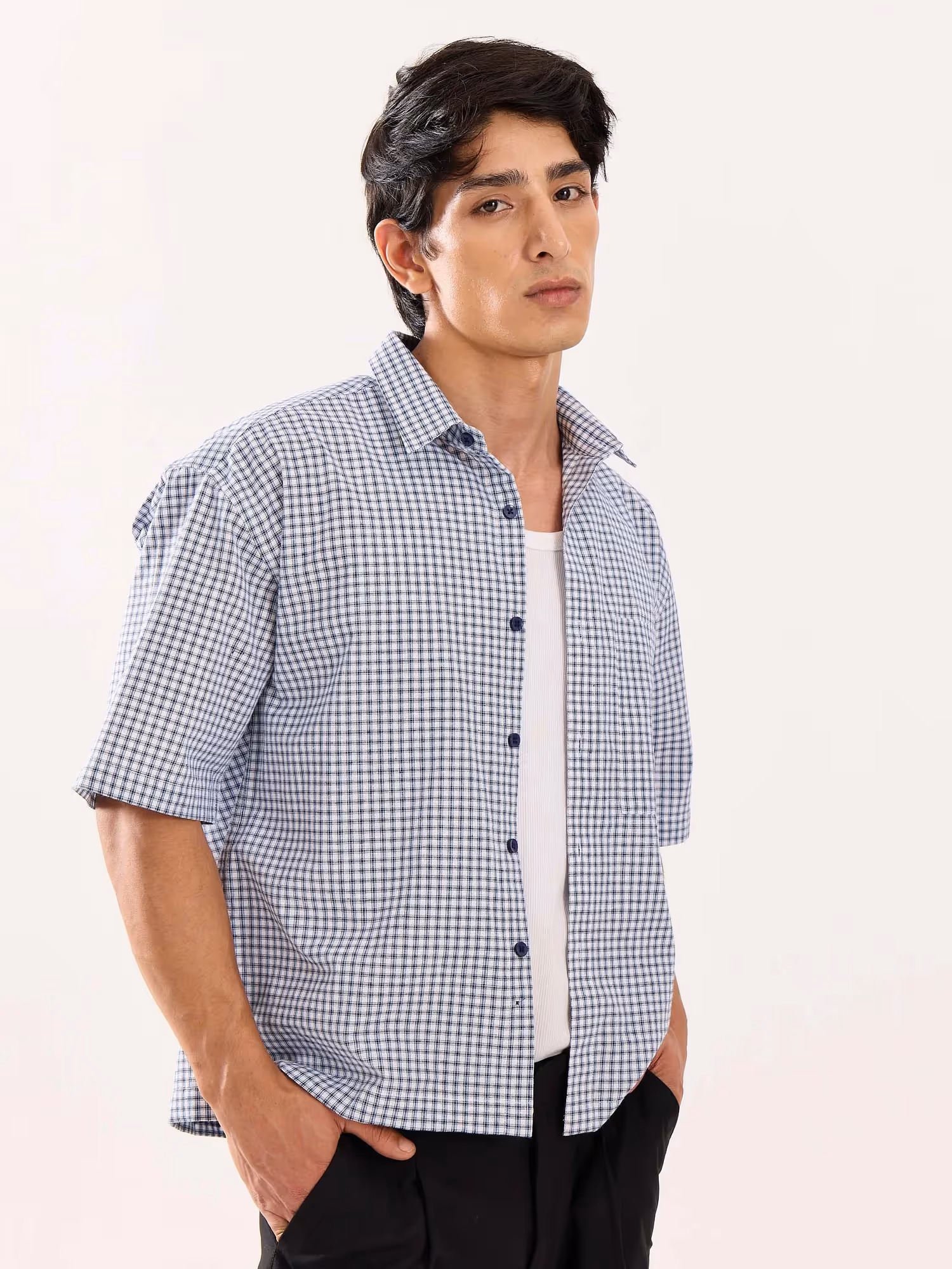 Blue Checkered Cropped Shirt  image 6