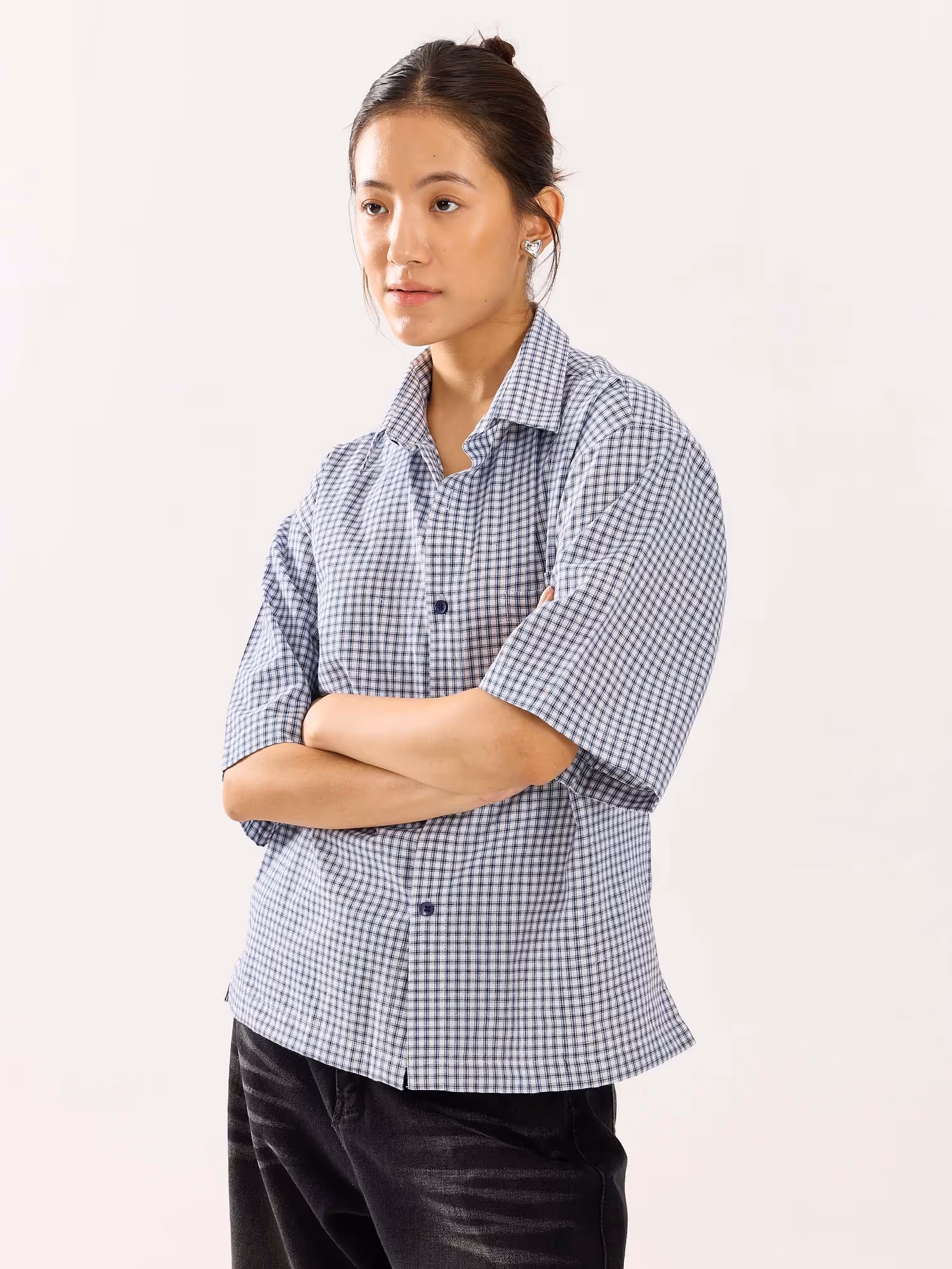 Blue Checkered Cropped Shirt  image 7