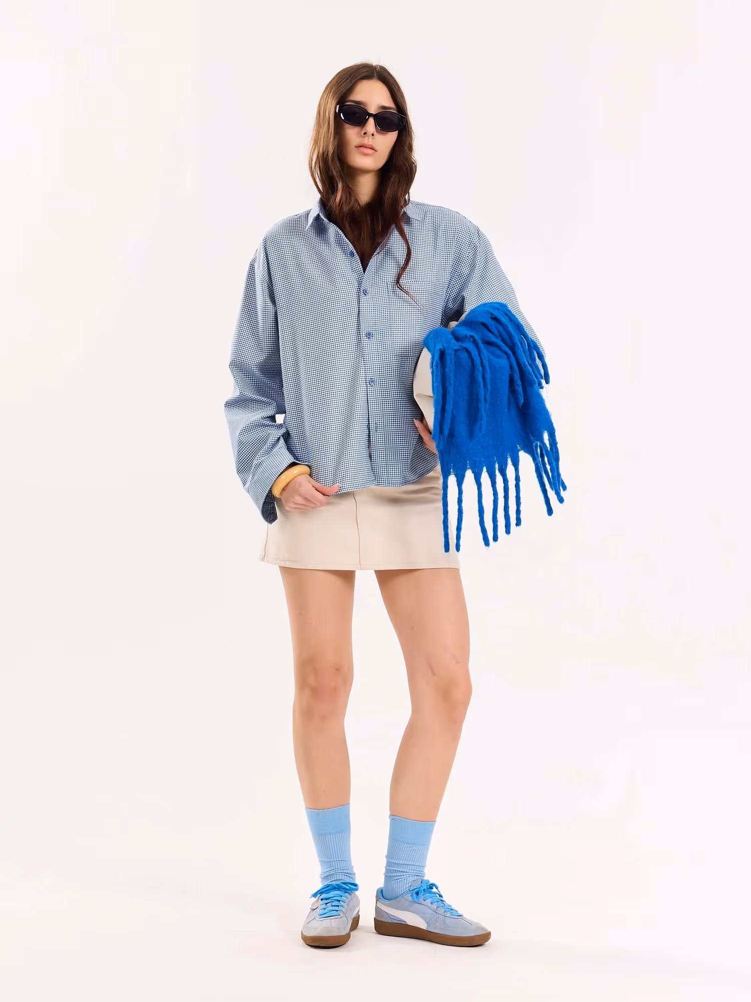 Blue Checkered Oversized Cropped Shirt  image 3