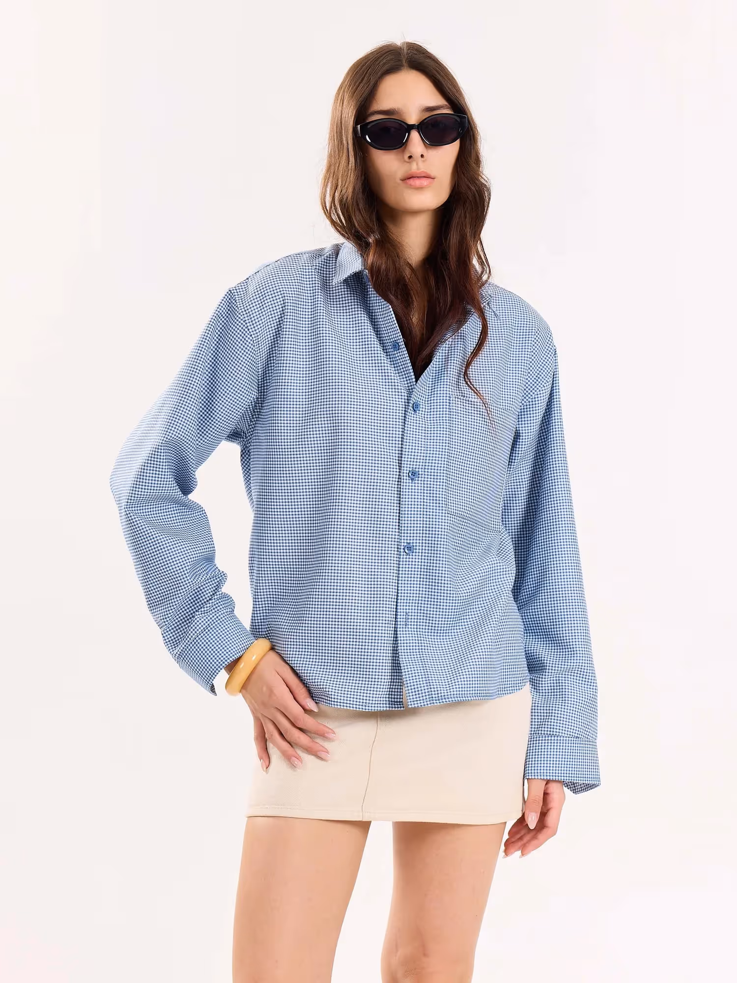 Blue Checkered Oversized Cropped Shirt  image 4