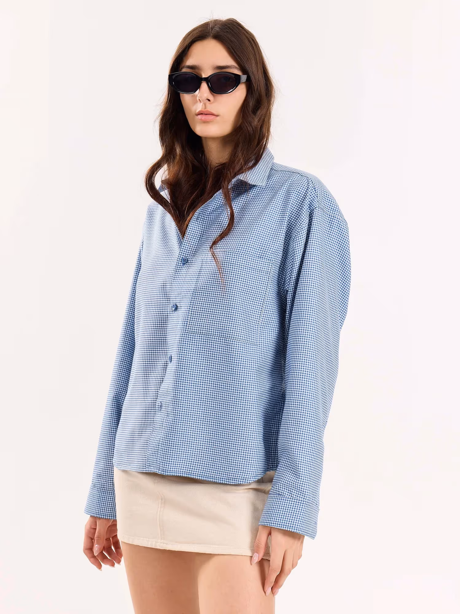 Blue Checkered Oversized Cropped Shirt  image 7