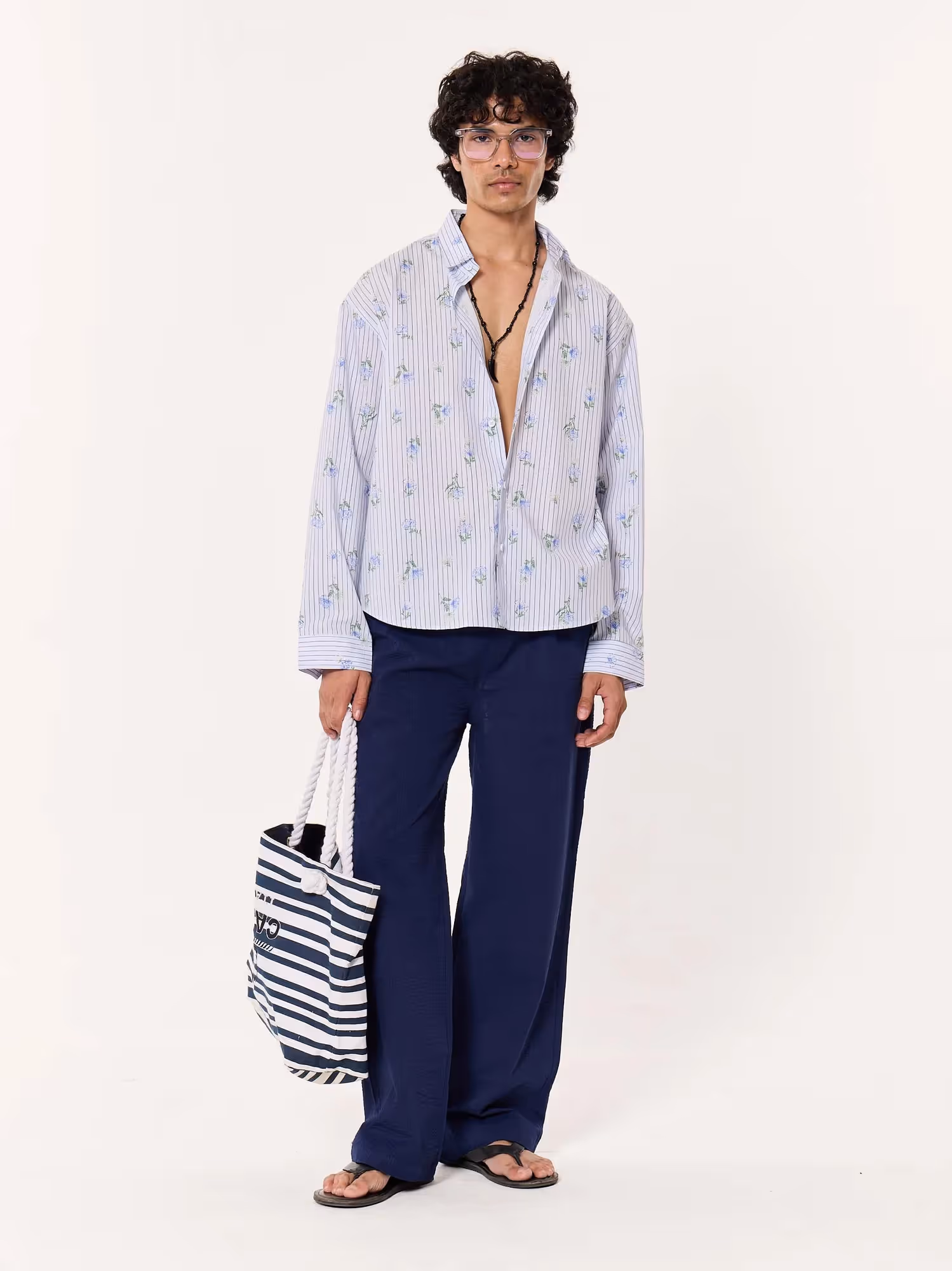 Blue Floral Pinstriped Printed Cropped Shirt image 1