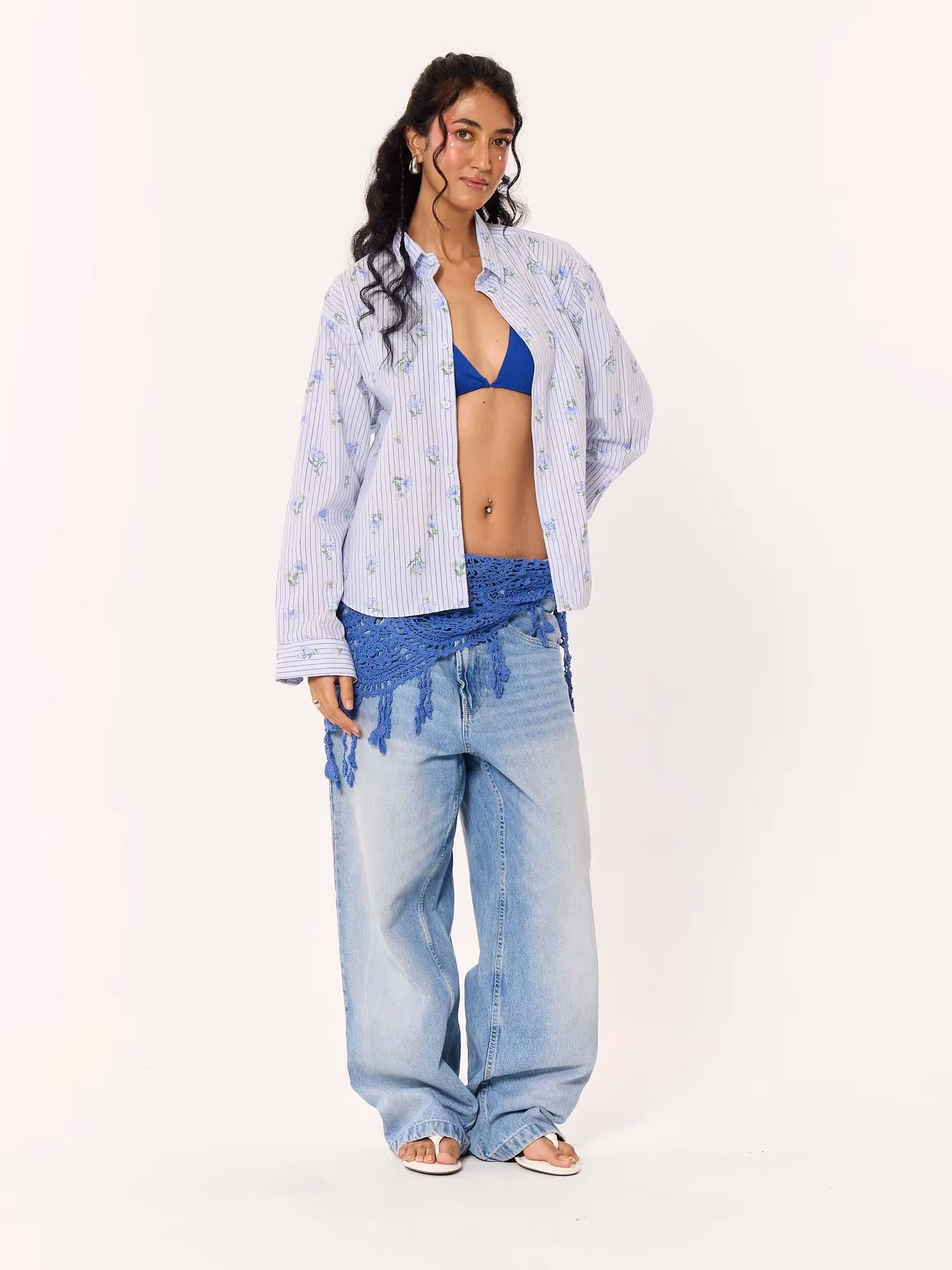 Blue Floral Pinstriped Printed Cropped Shirt image 2