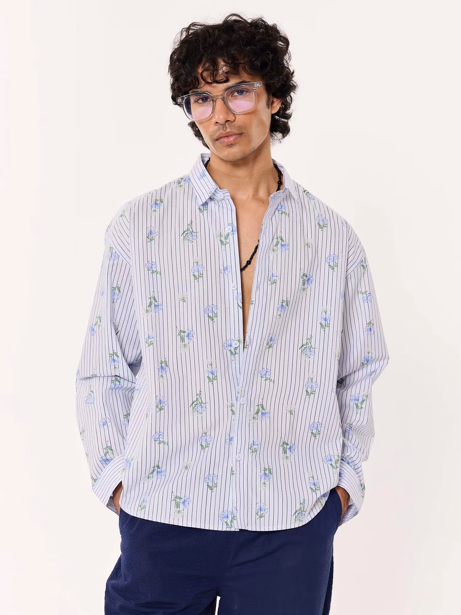 Blue Floral Pinstriped Printed Cropped Shirt image 3