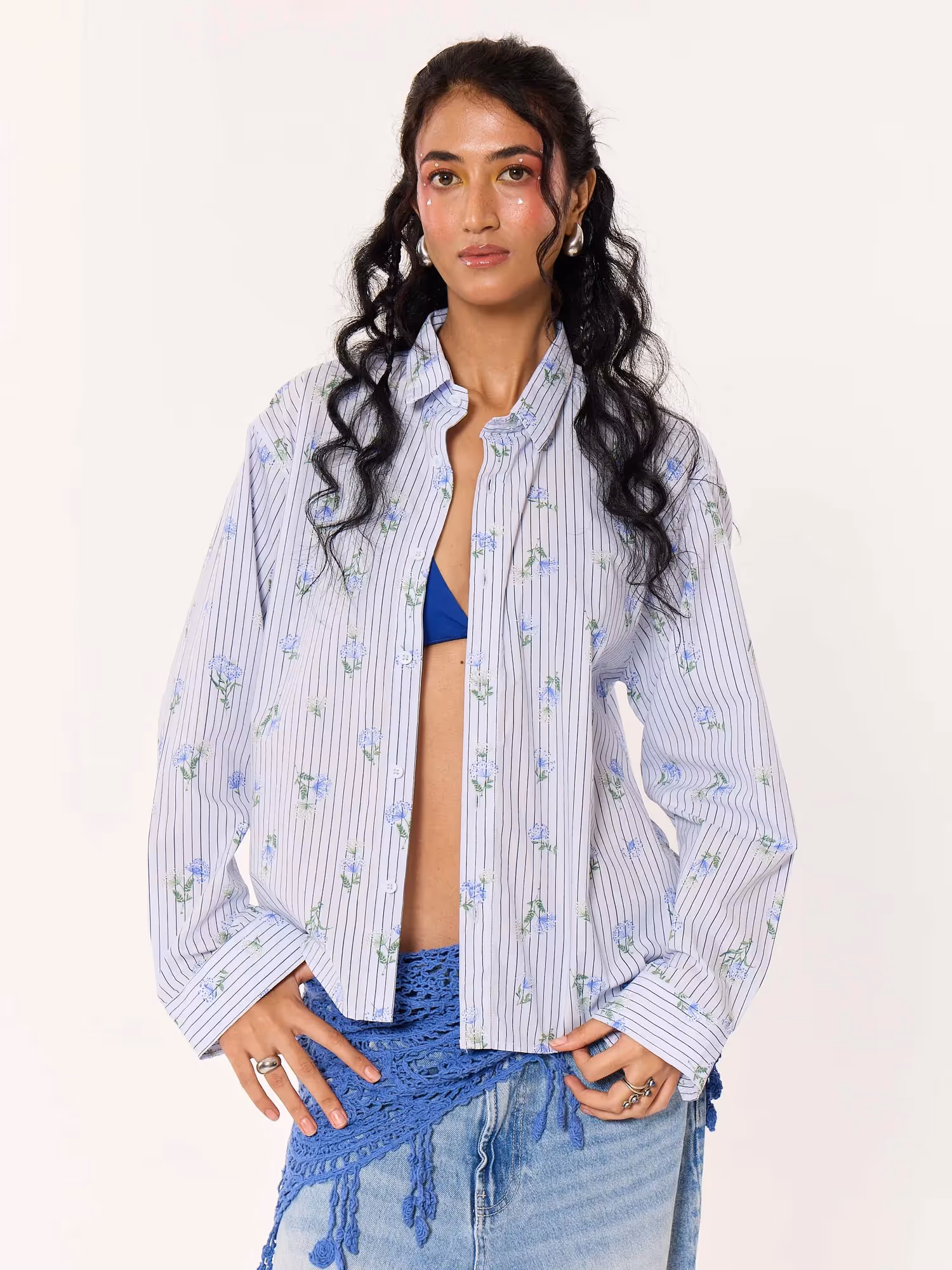 Blue Floral Pinstriped Printed Cropped Shirt image 4