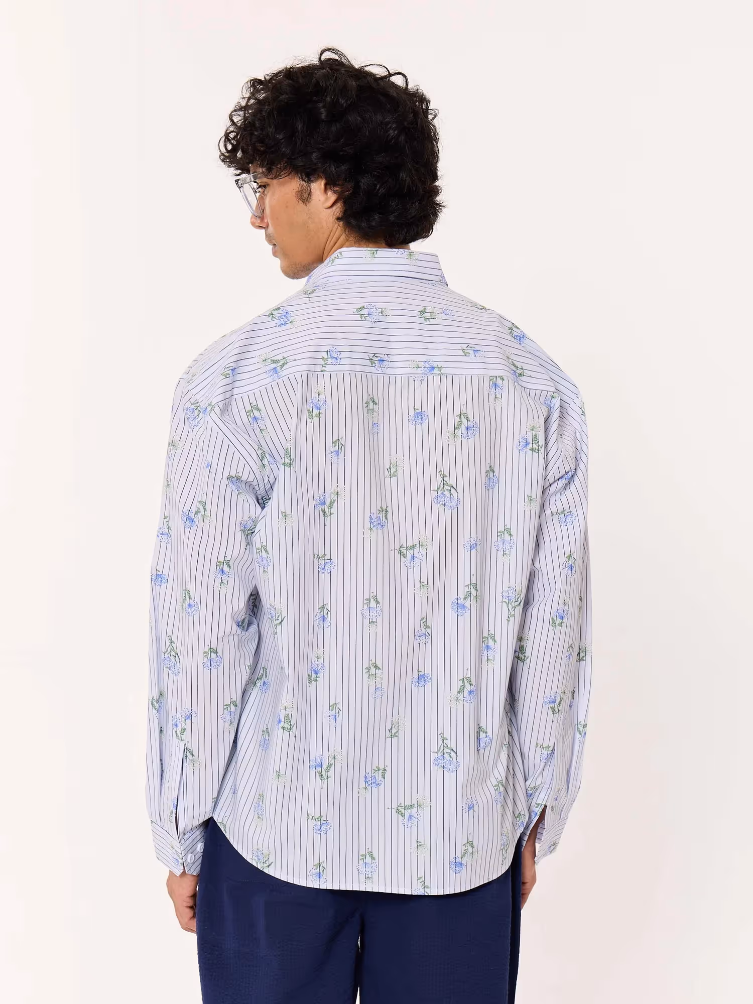 Blue Floral Pinstriped Printed Cropped Shirt image 5