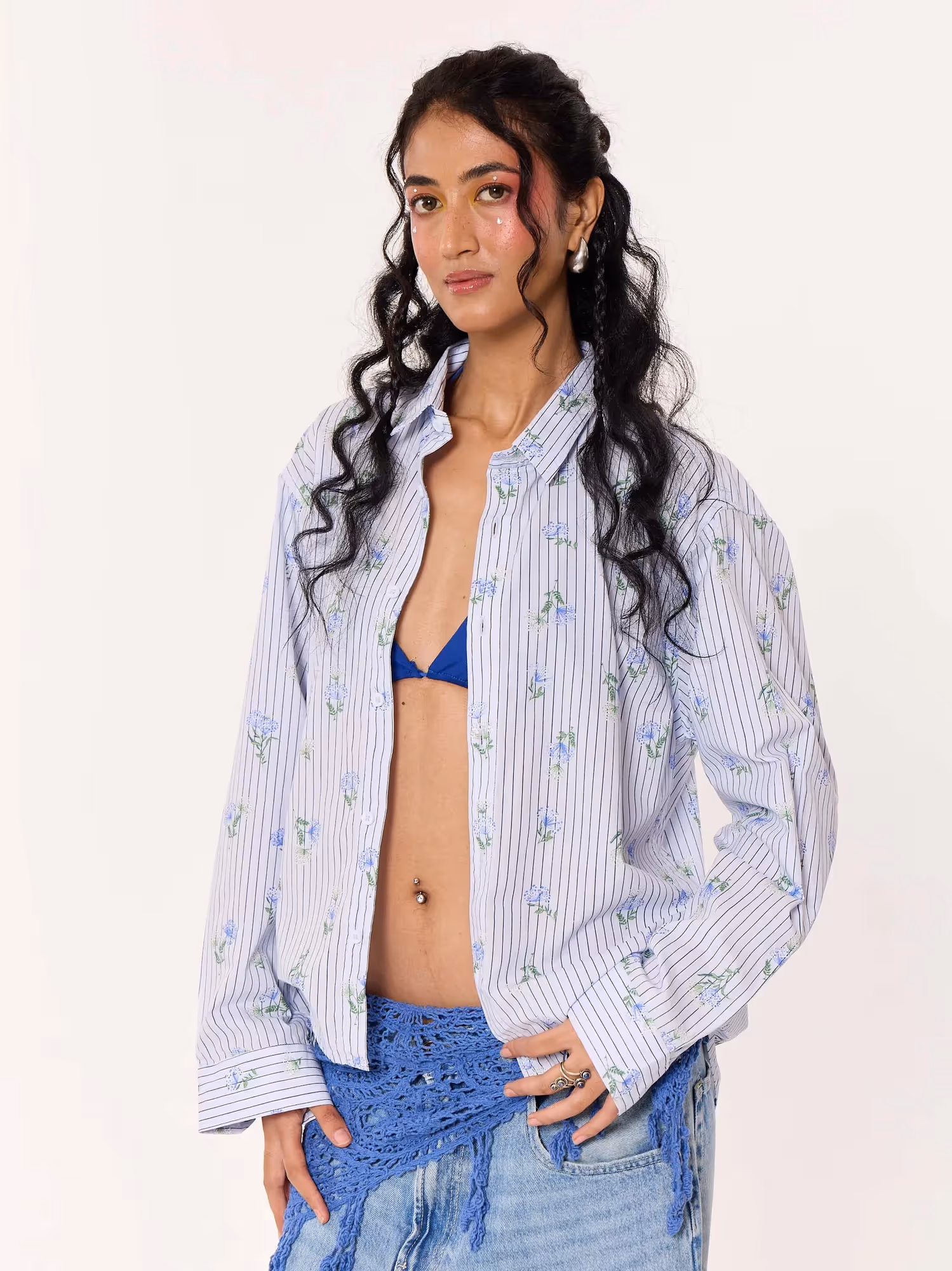 Blue Floral Pinstriped Printed Cropped Shirt image 6
