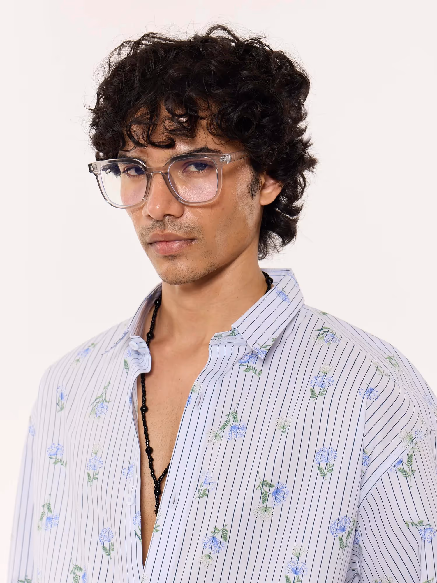 Blue Floral Pinstriped Printed Cropped Shirt image 7