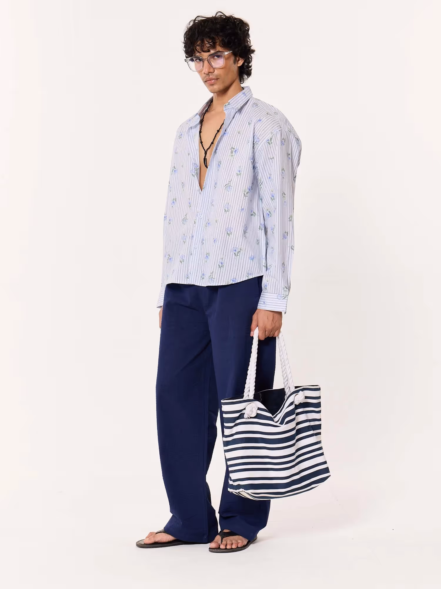 Blue Floral Pinstriped Printed Cropped Shirt image 8
