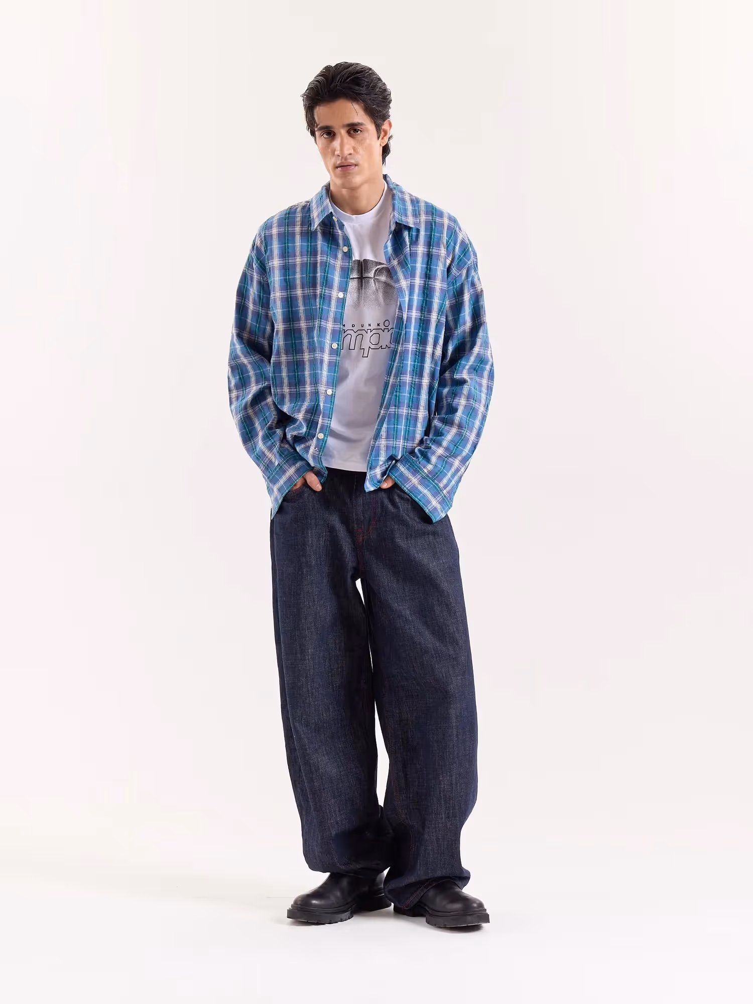 Blue Green & White Checkered Cropped Poplin Shirt image 1