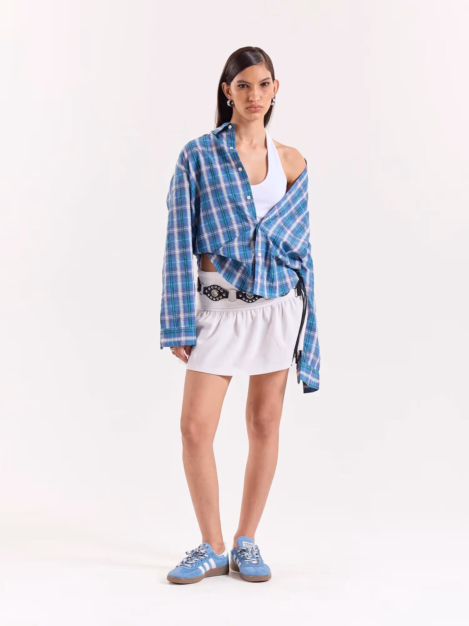 Blue Green & White Checkered Cropped Poplin Shirt image 2
