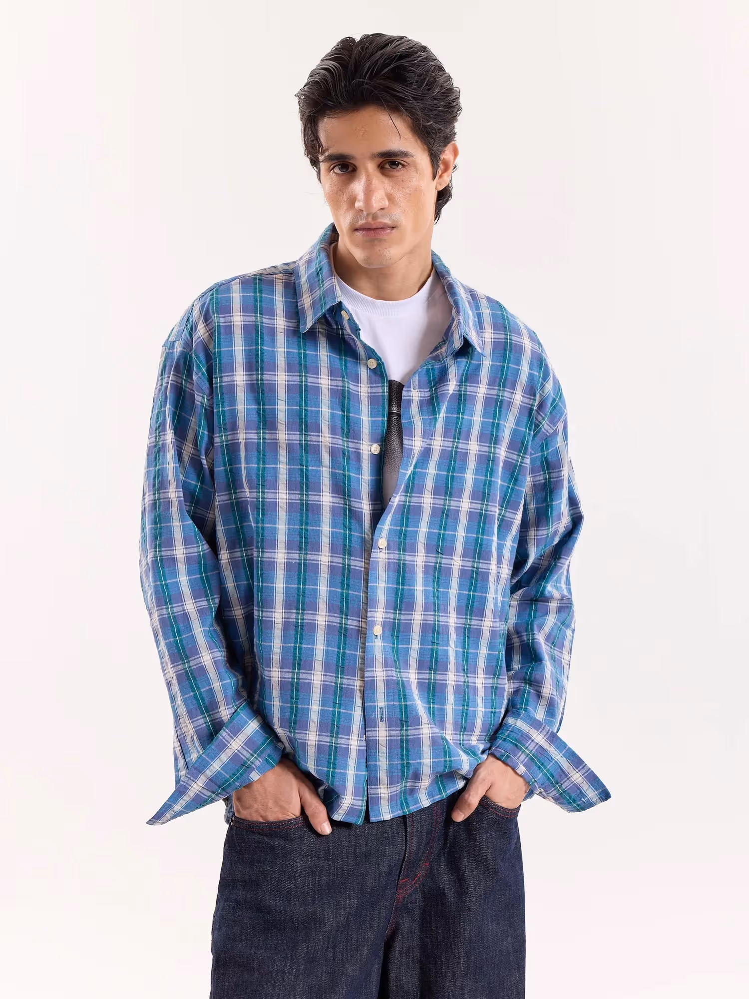 Blue Green & White Checkered Cropped Poplin Shirt image 3