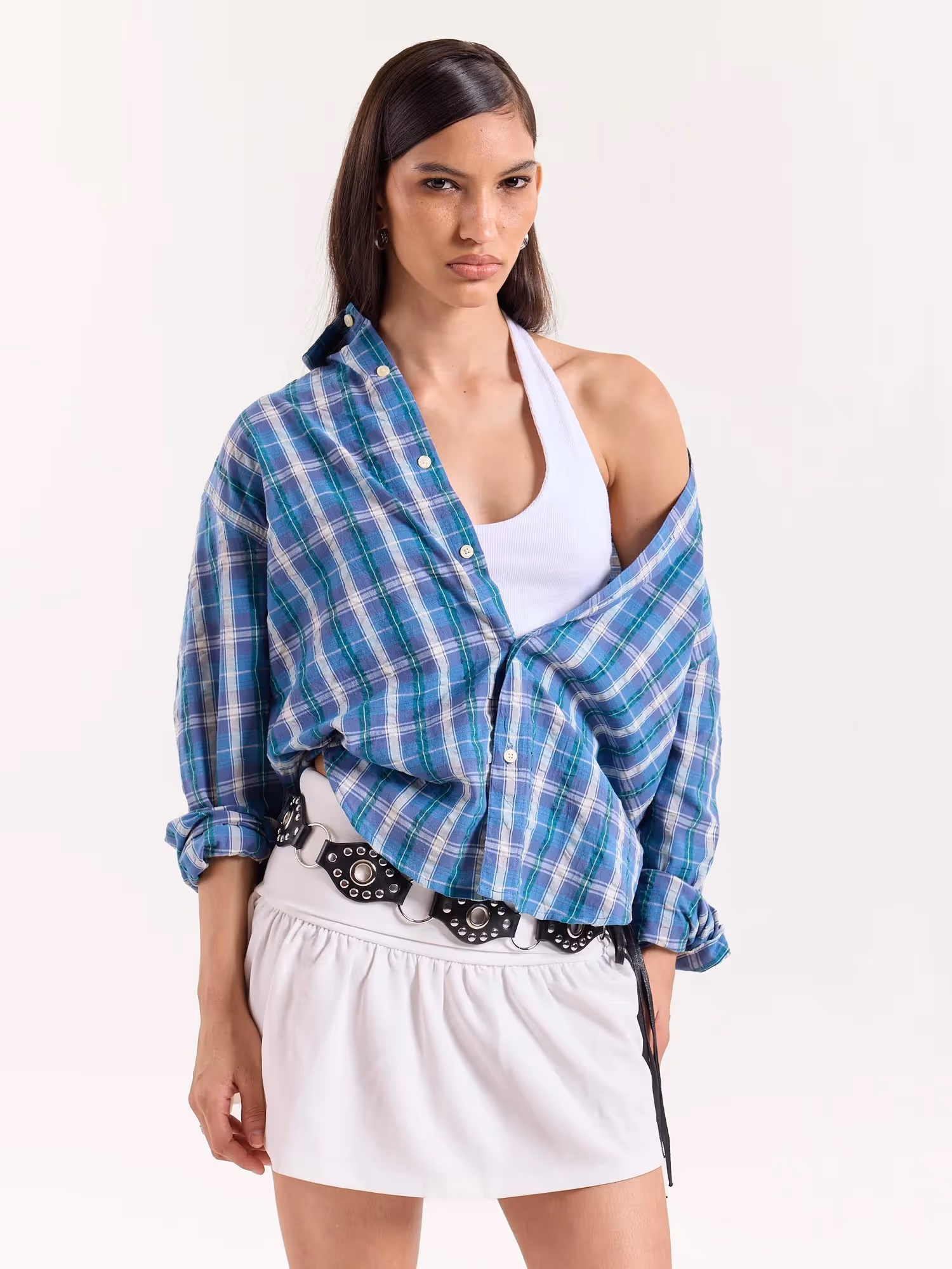 Blue Green & White Checkered Cropped Poplin Shirt image 4