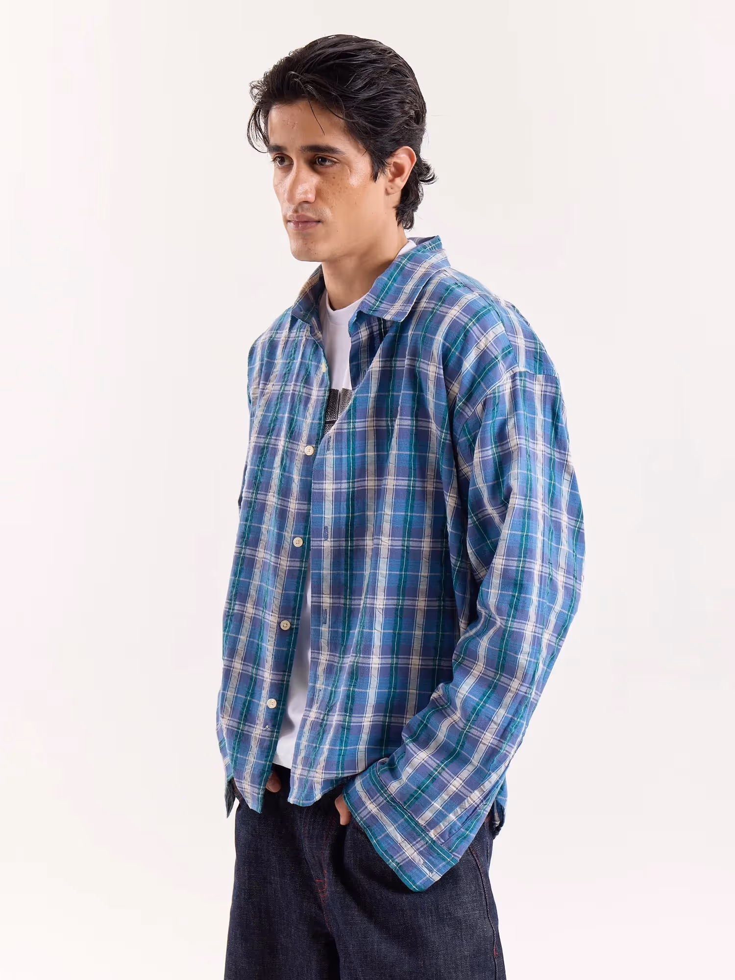 Blue Green & White Checkered Cropped Poplin Shirt image 5