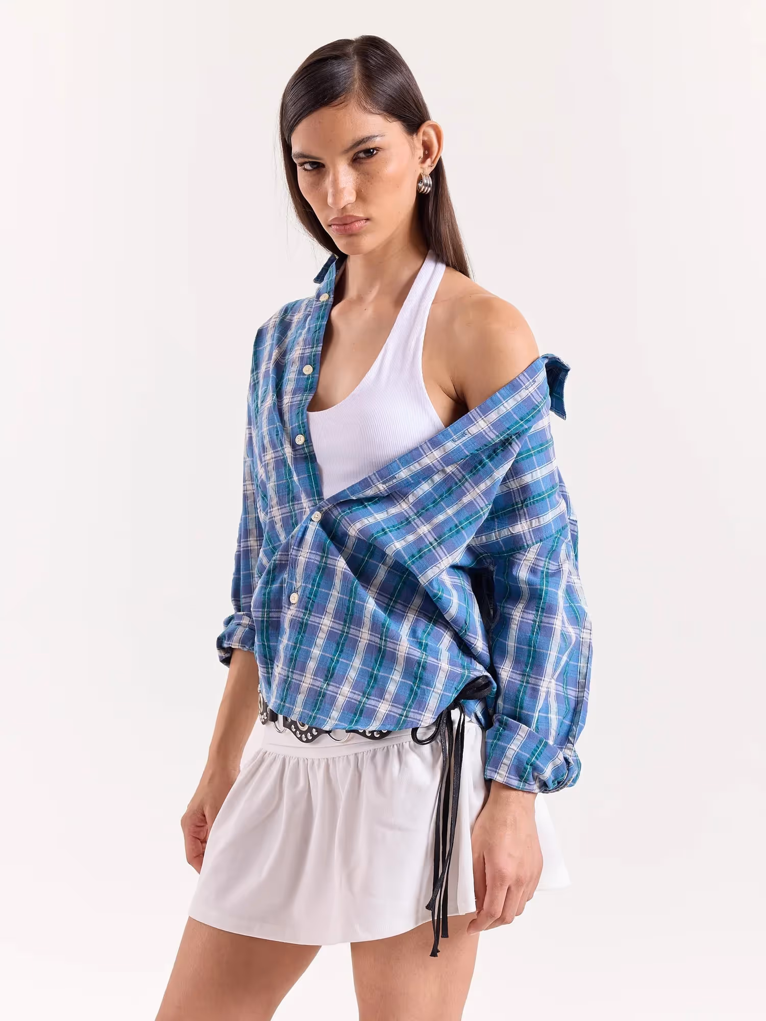 Blue Green & White Checkered Cropped Poplin Shirt image 6