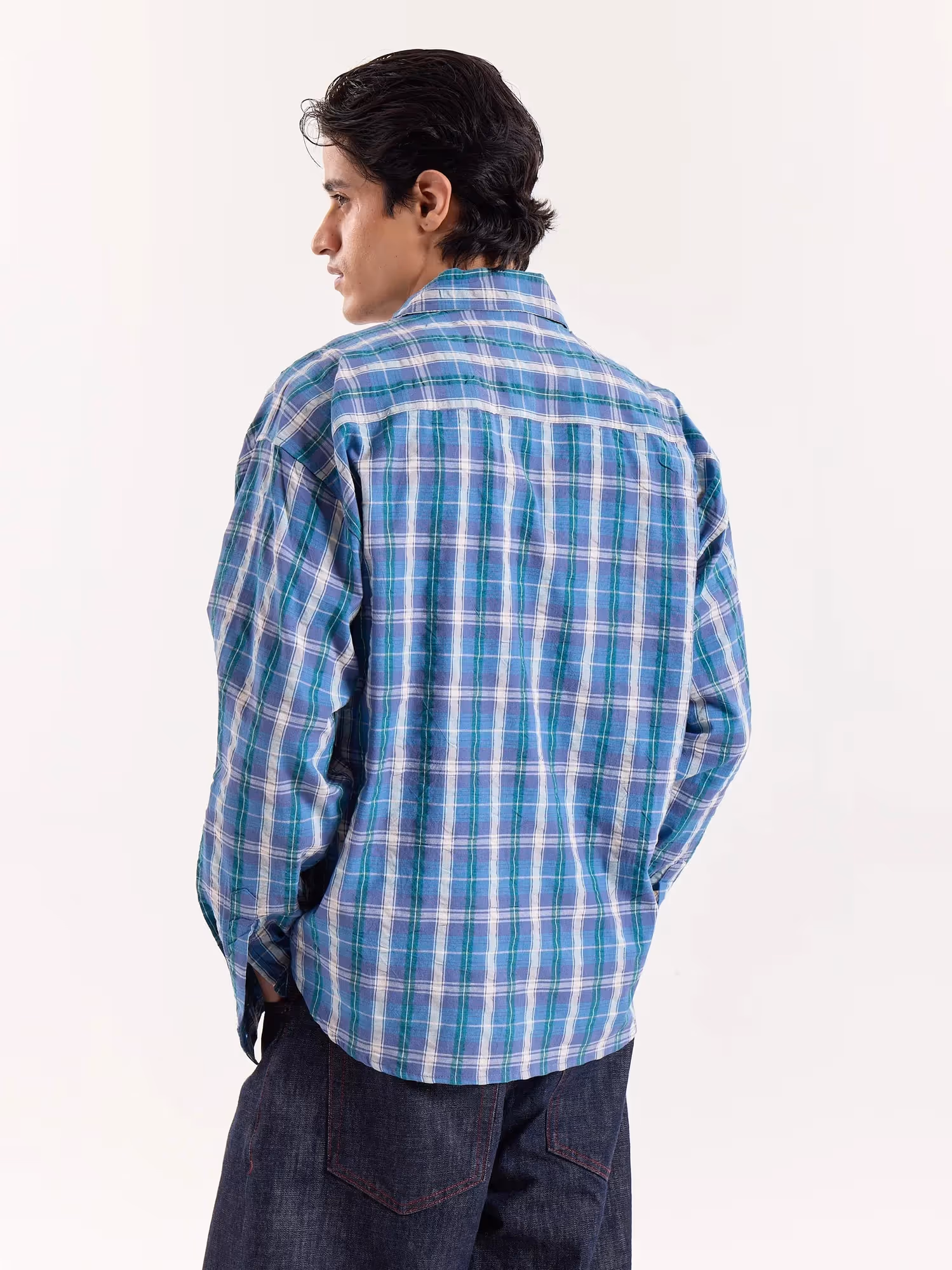 Blue Green & White Checkered Cropped Poplin Shirt image 7