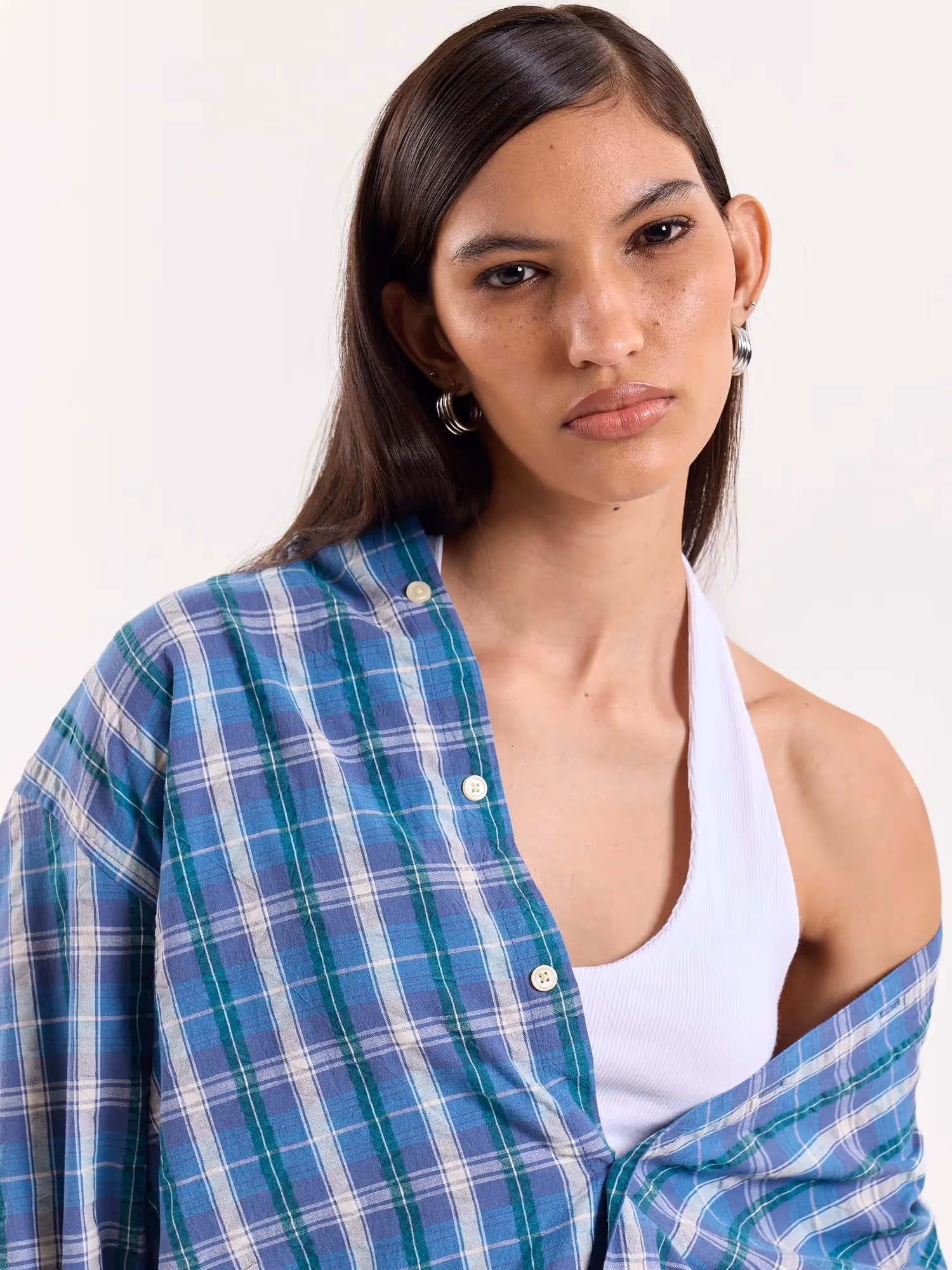 Blue Green & White Checkered Cropped Poplin Shirt image 8