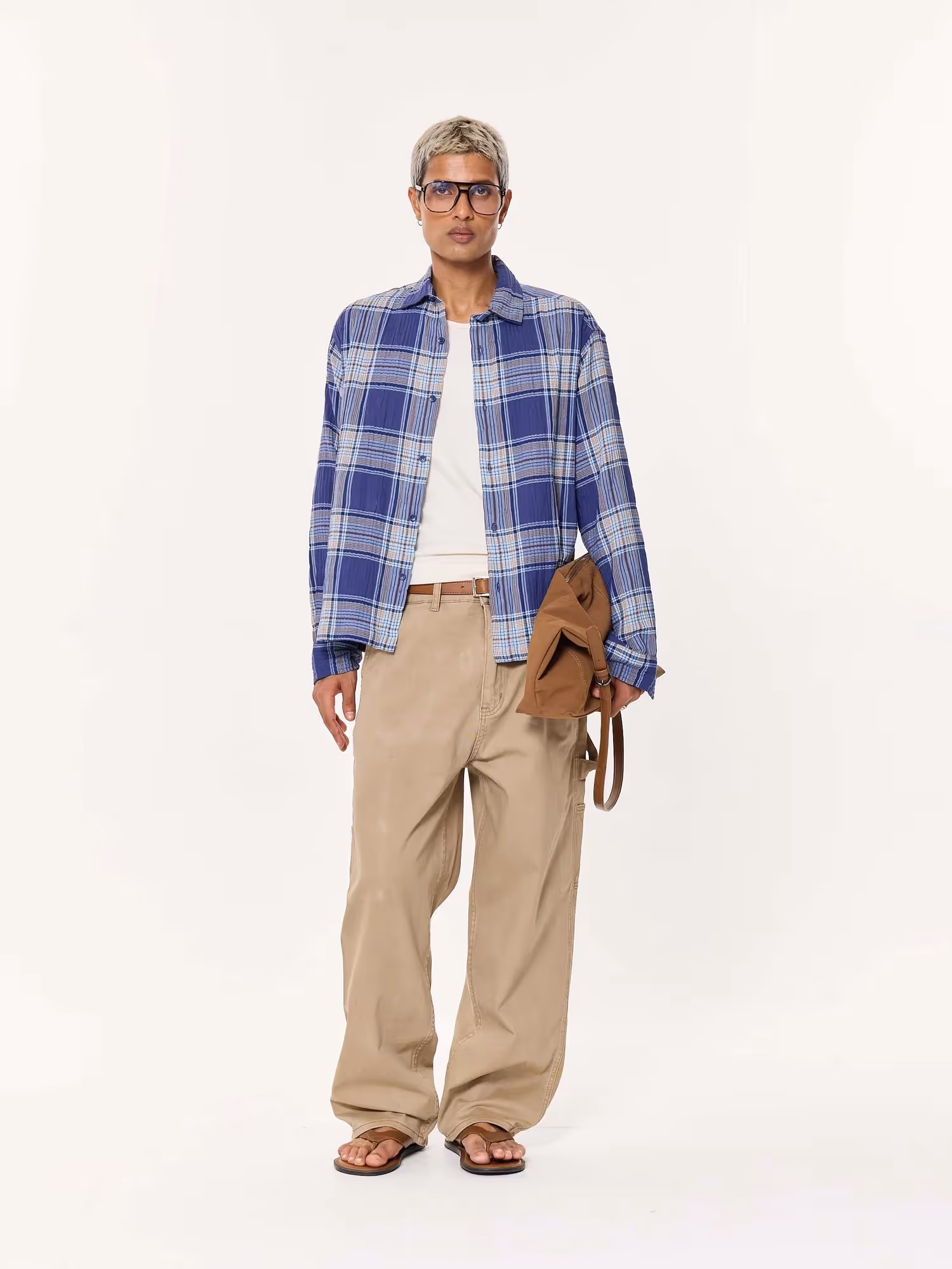 Blue Multichecked Oversized Cropped Shirt image 1