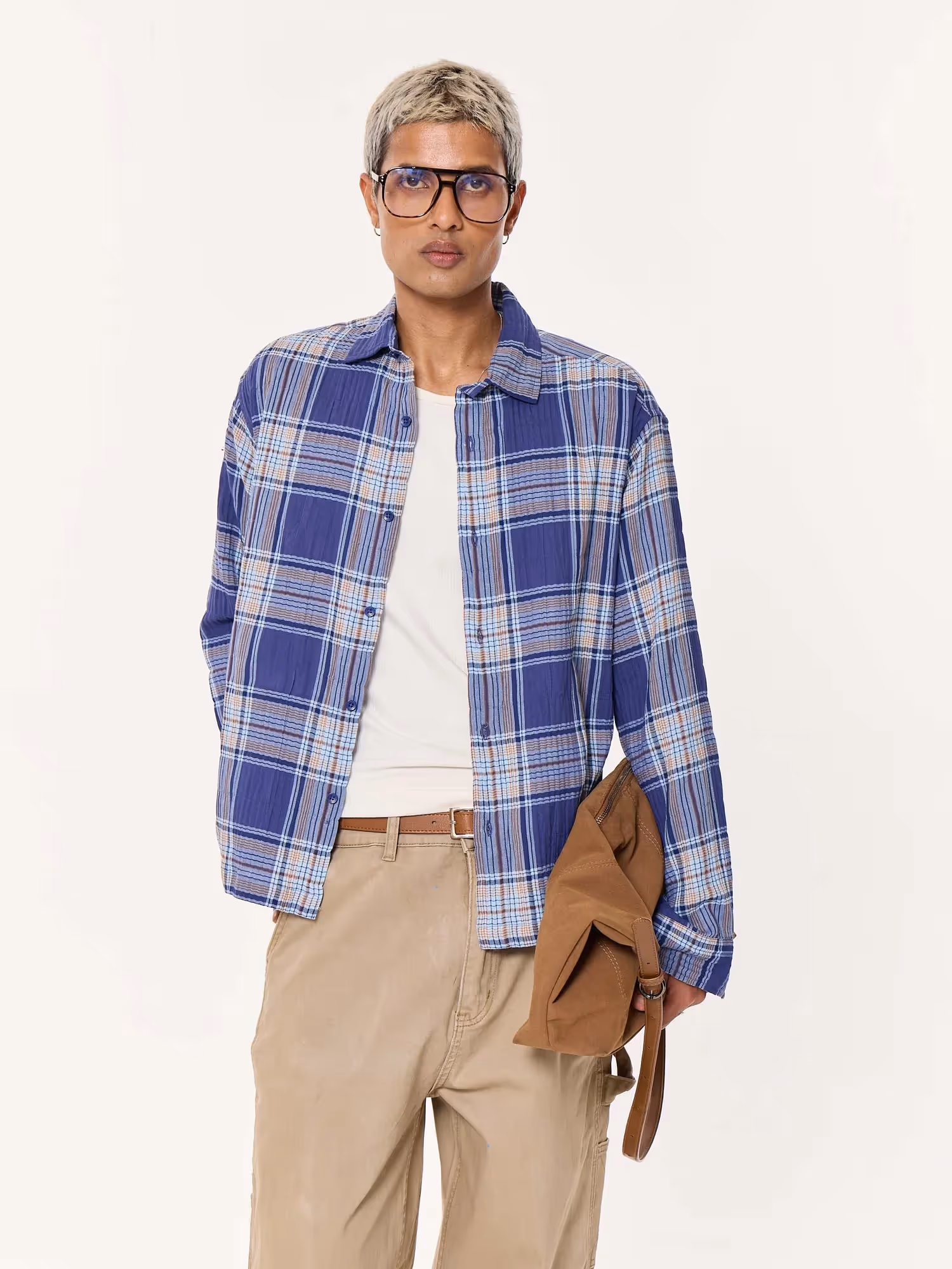 Blue Multichecked Oversized Cropped Shirt image 4