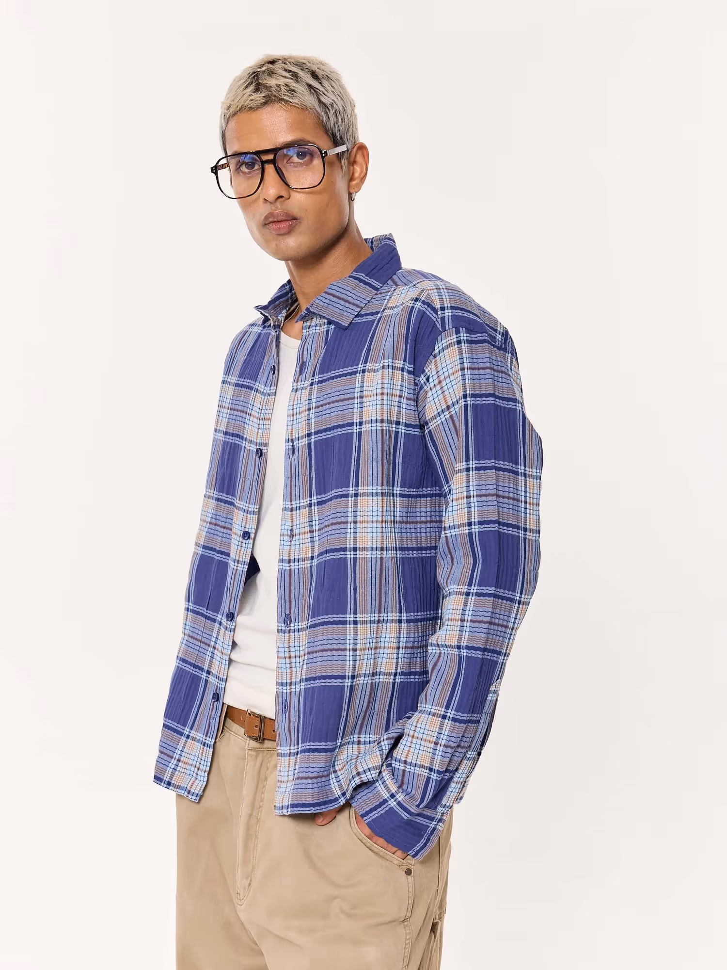 Blue Multichecked Oversized Cropped Shirt image 6