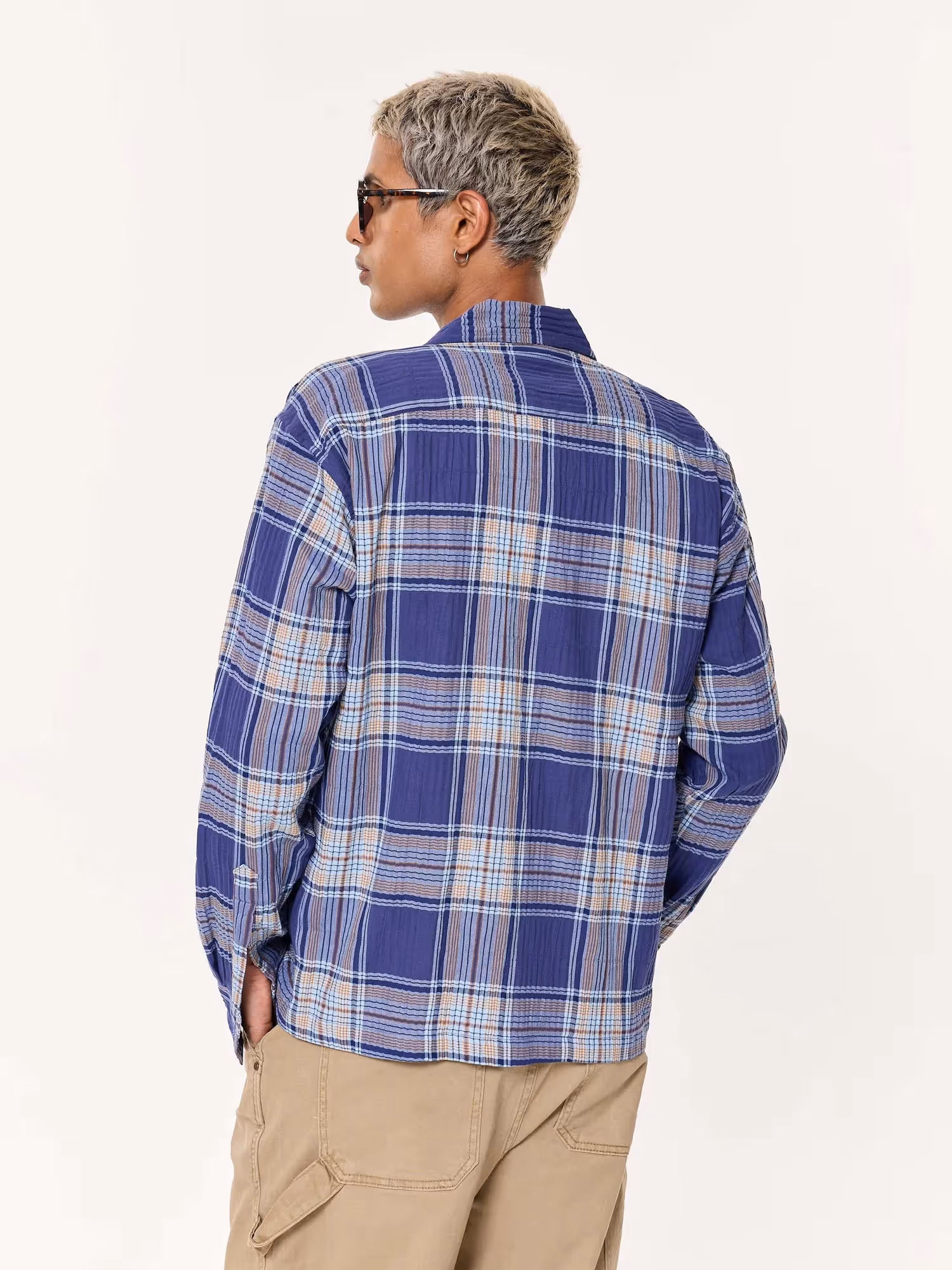 Blue Multichecked Oversized Cropped Shirt image 7