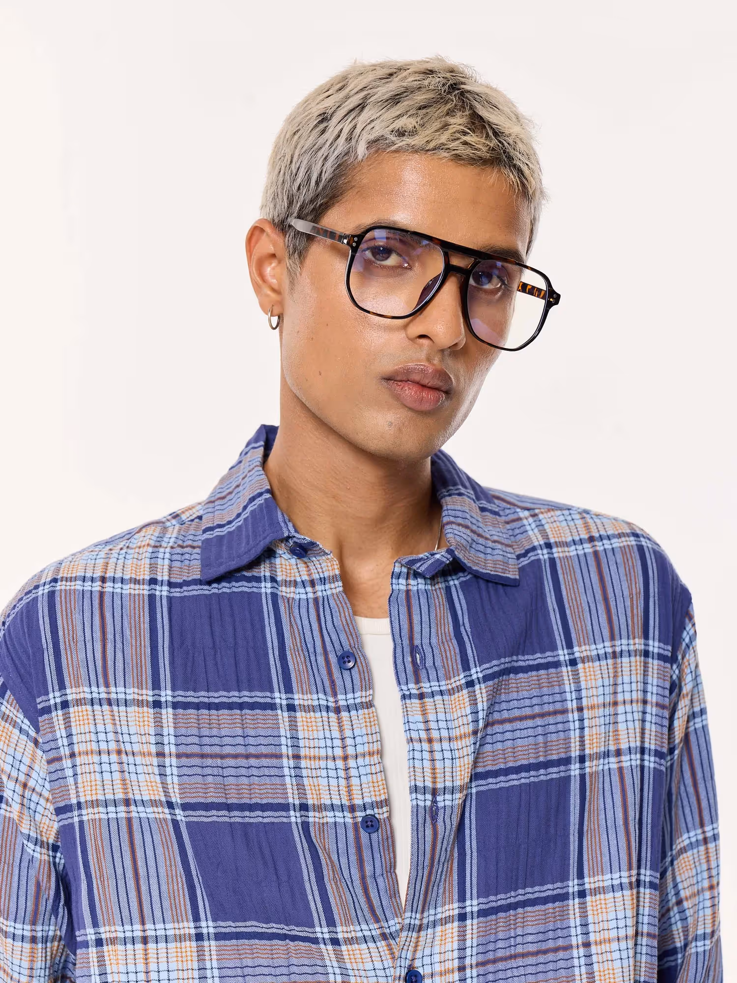 Blue Multichecked Oversized Cropped Shirt image 8
