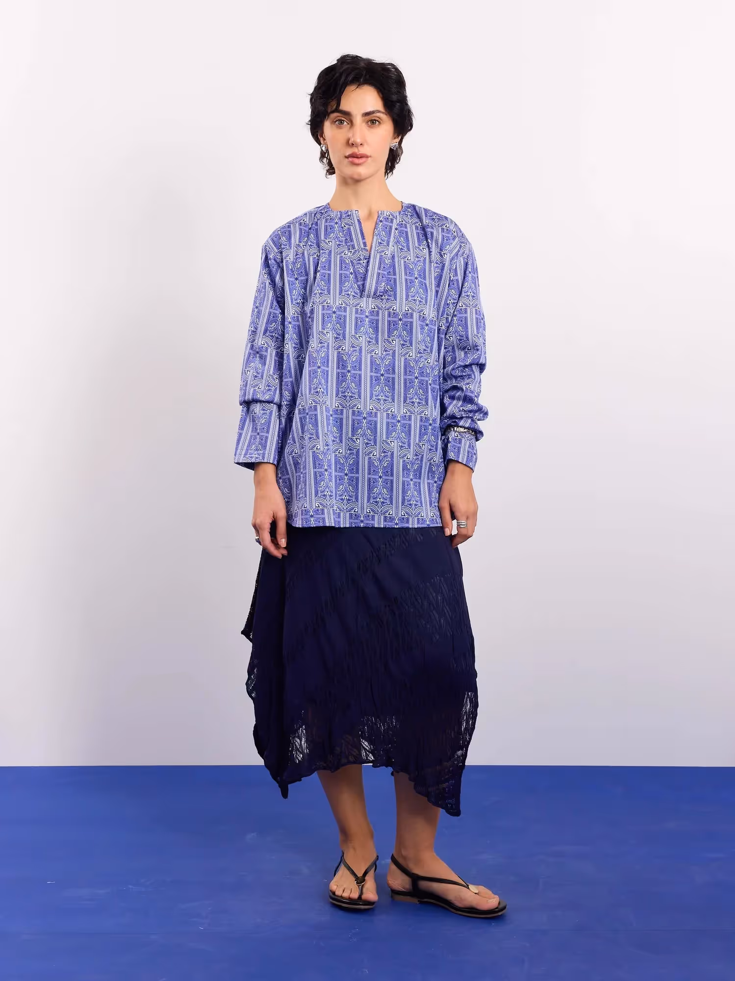 Blue Patterned Satin Pullover image 2