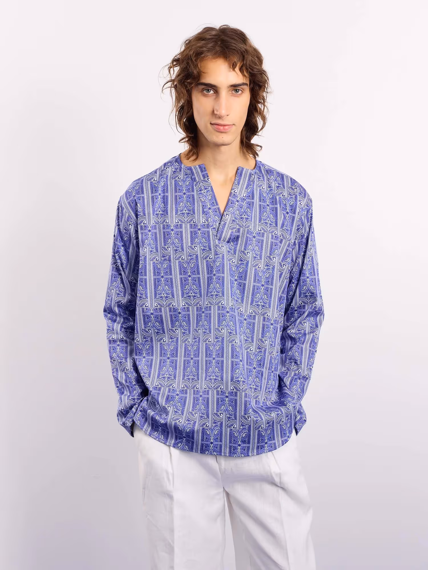 Blue Patterned Satin Pullover image 3
