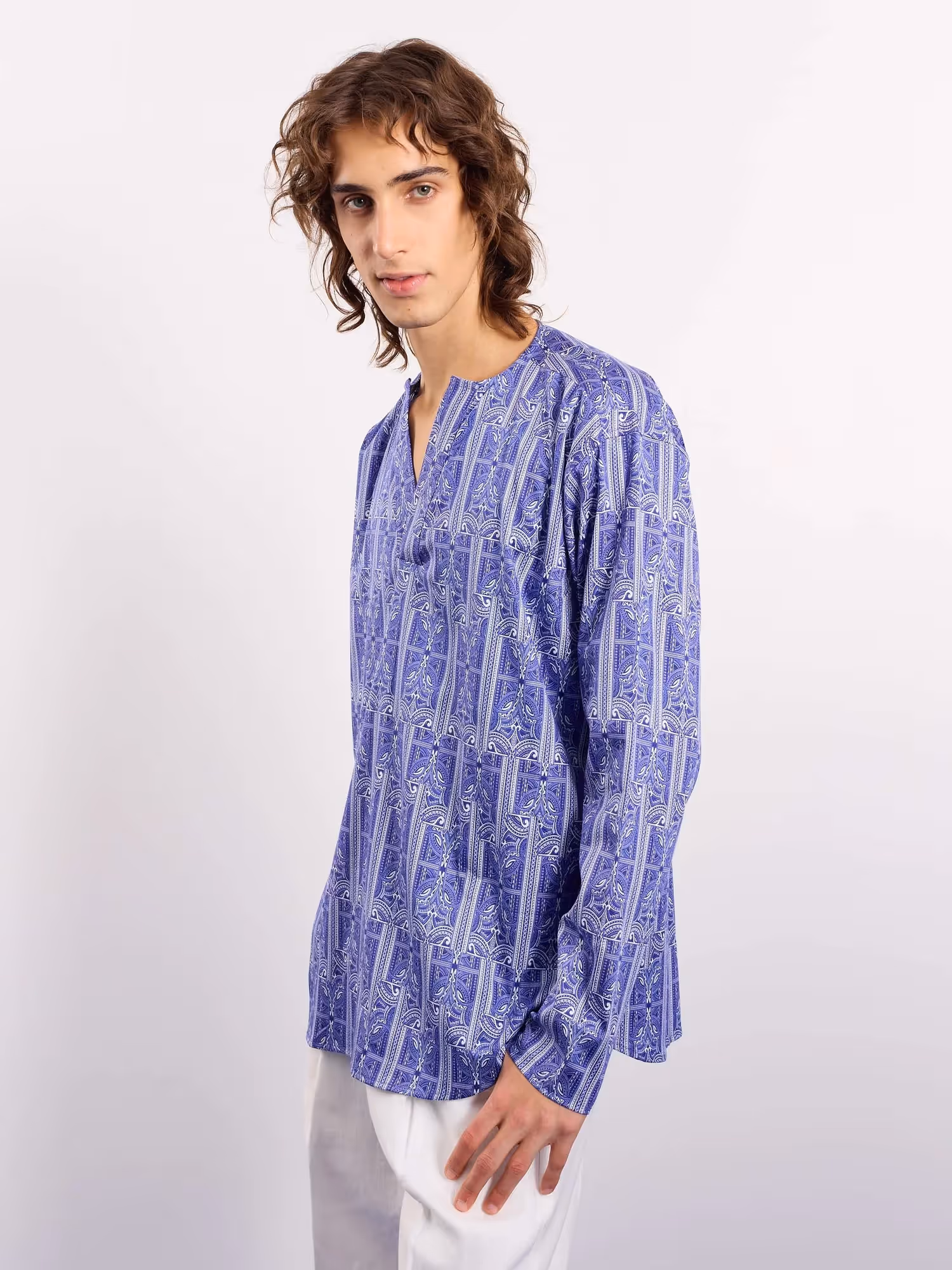 Blue Patterned Satin Pullover image 6