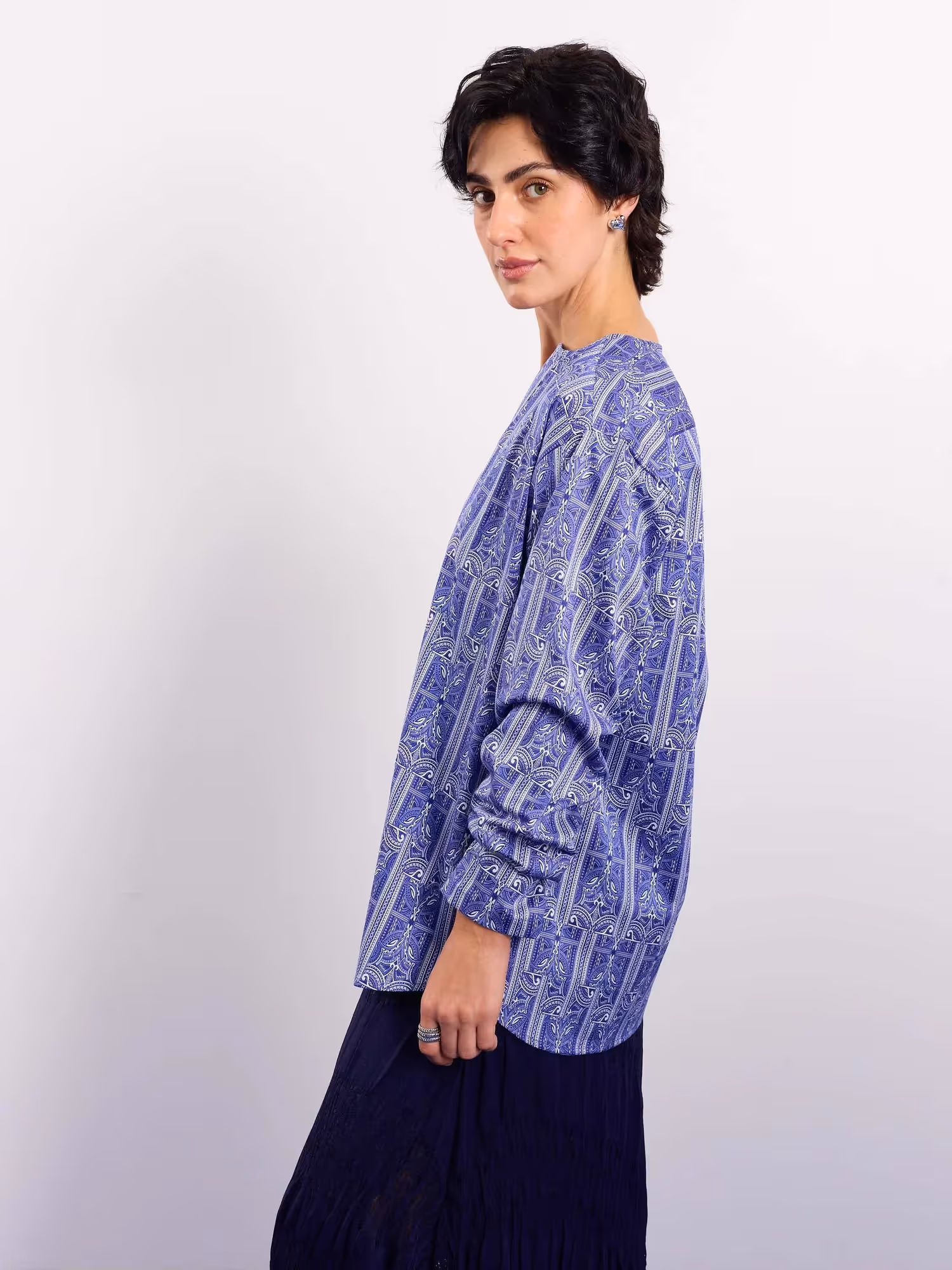 Blue Patterned Satin Pullover image 7
