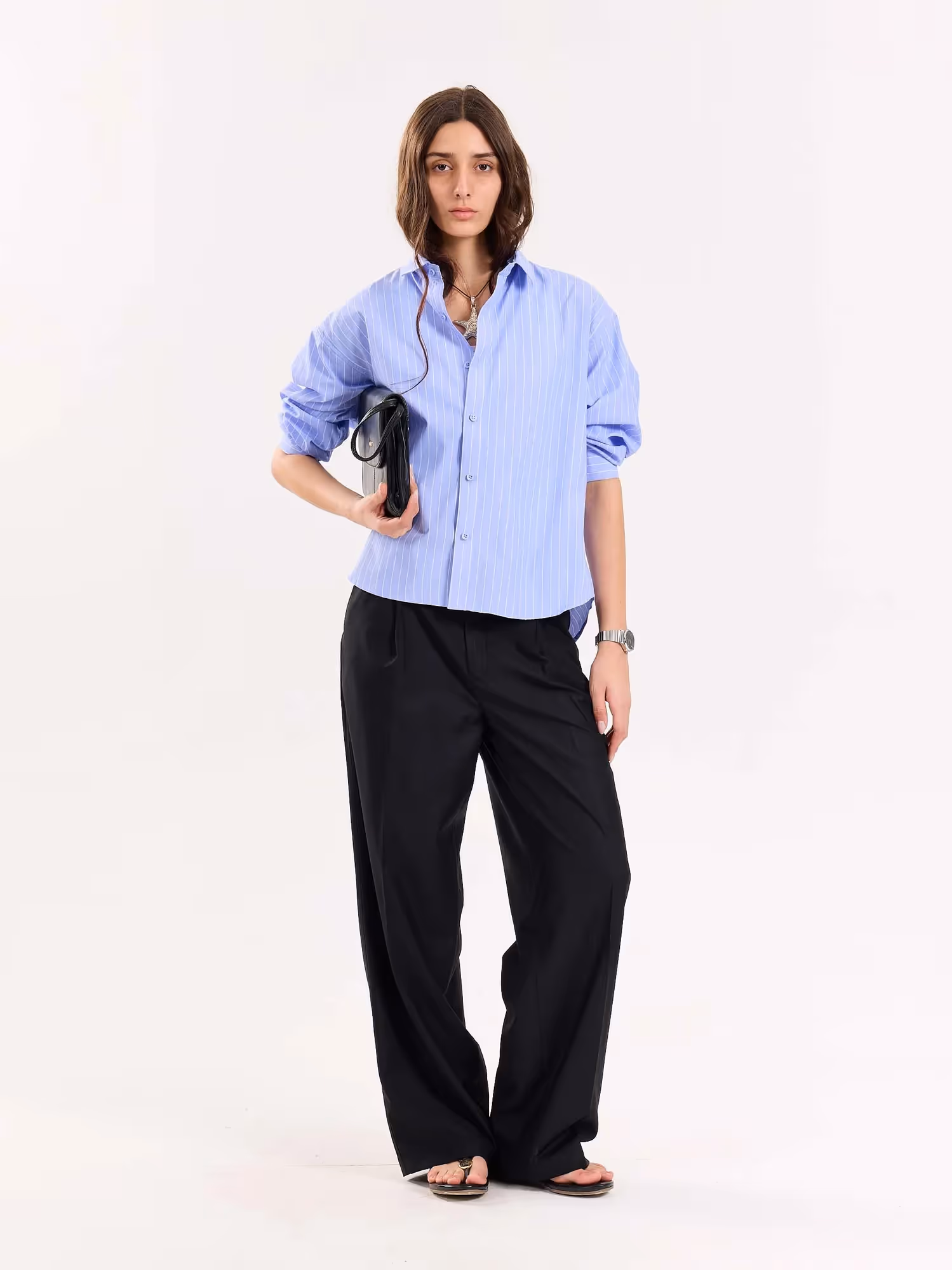 Blue Pinstripe Poplin Cropped Shirt image 3