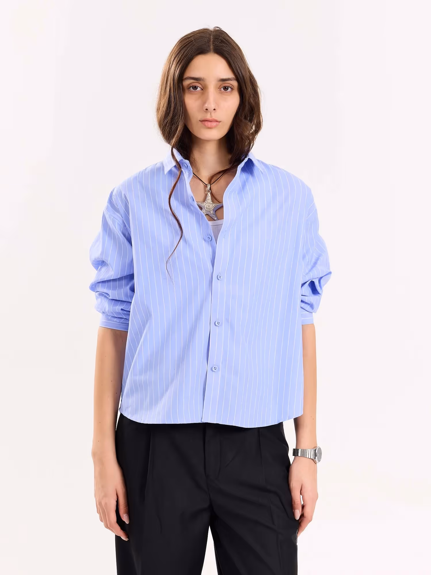 Blue Pinstripe Poplin Cropped Shirt image 4