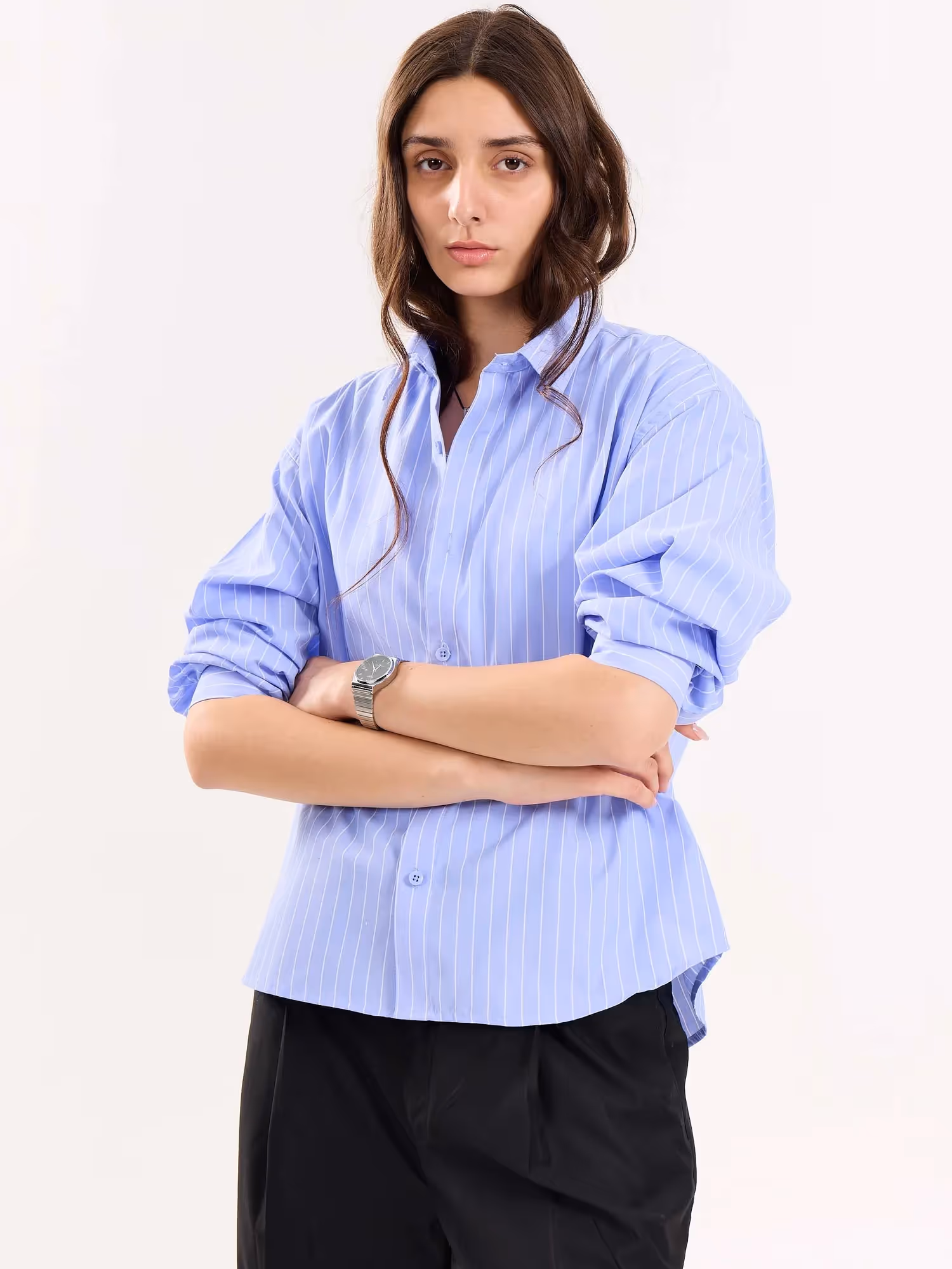 Blue Pinstripe Poplin Cropped Shirt image 6
