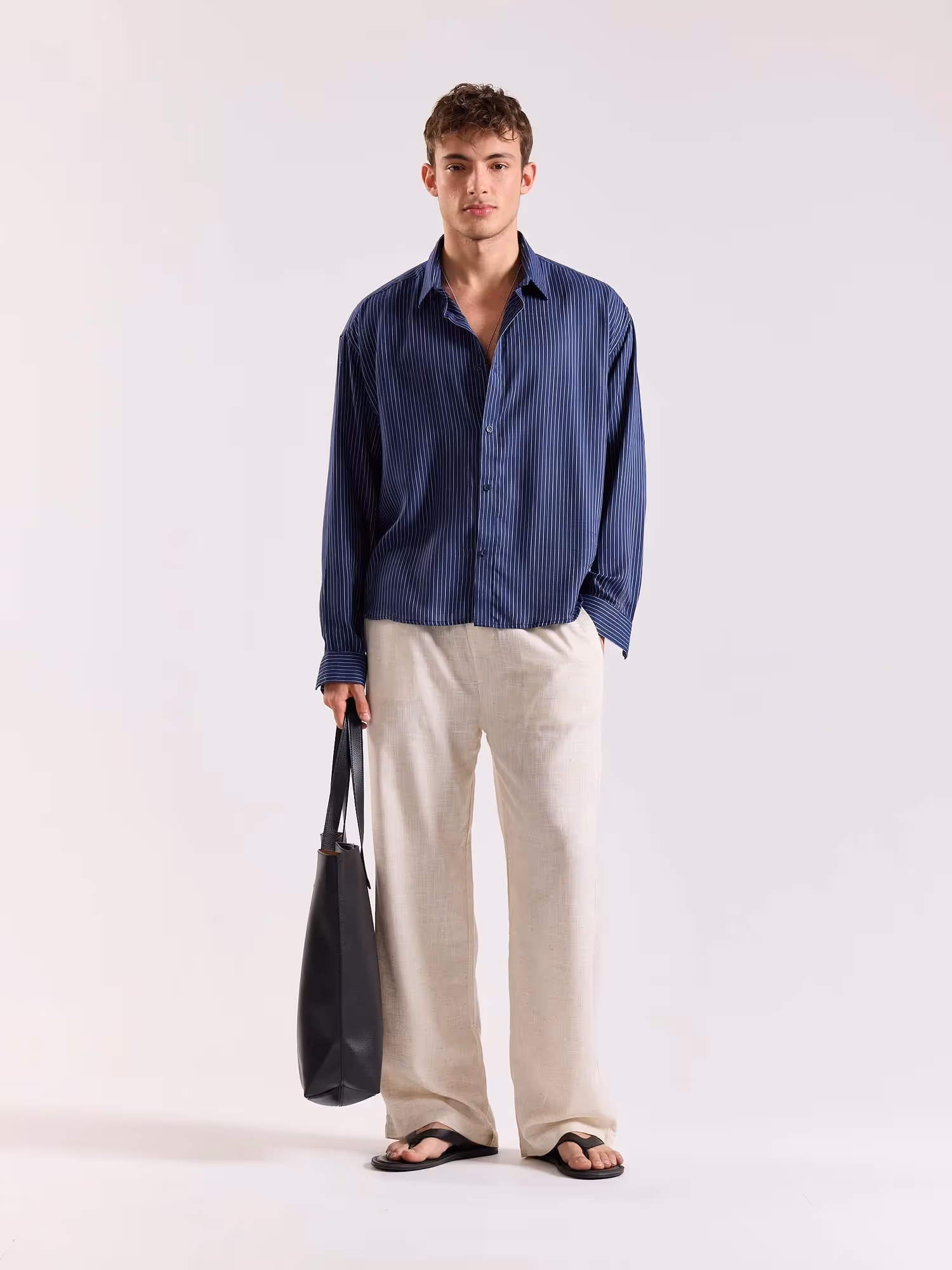 Blue Pinstriped Linen Cropped Shirt image 1