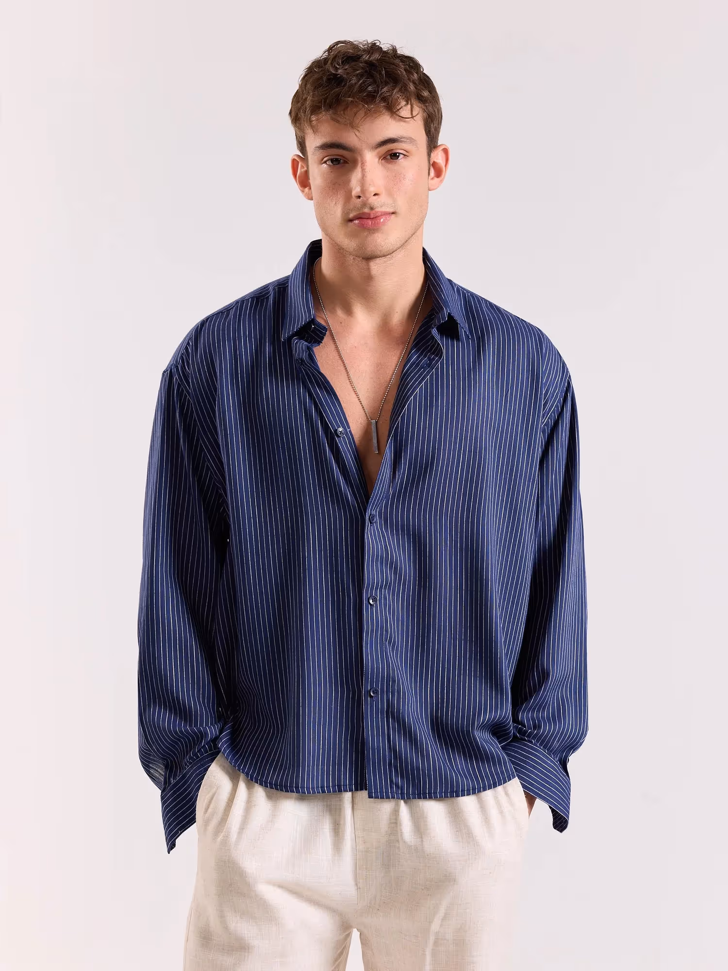 Blue Pinstriped Linen Cropped Shirt image 2