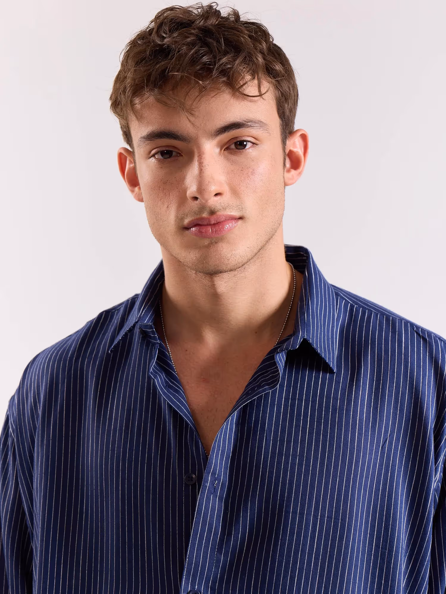 Blue Pinstriped Linen Cropped Shirt image 3