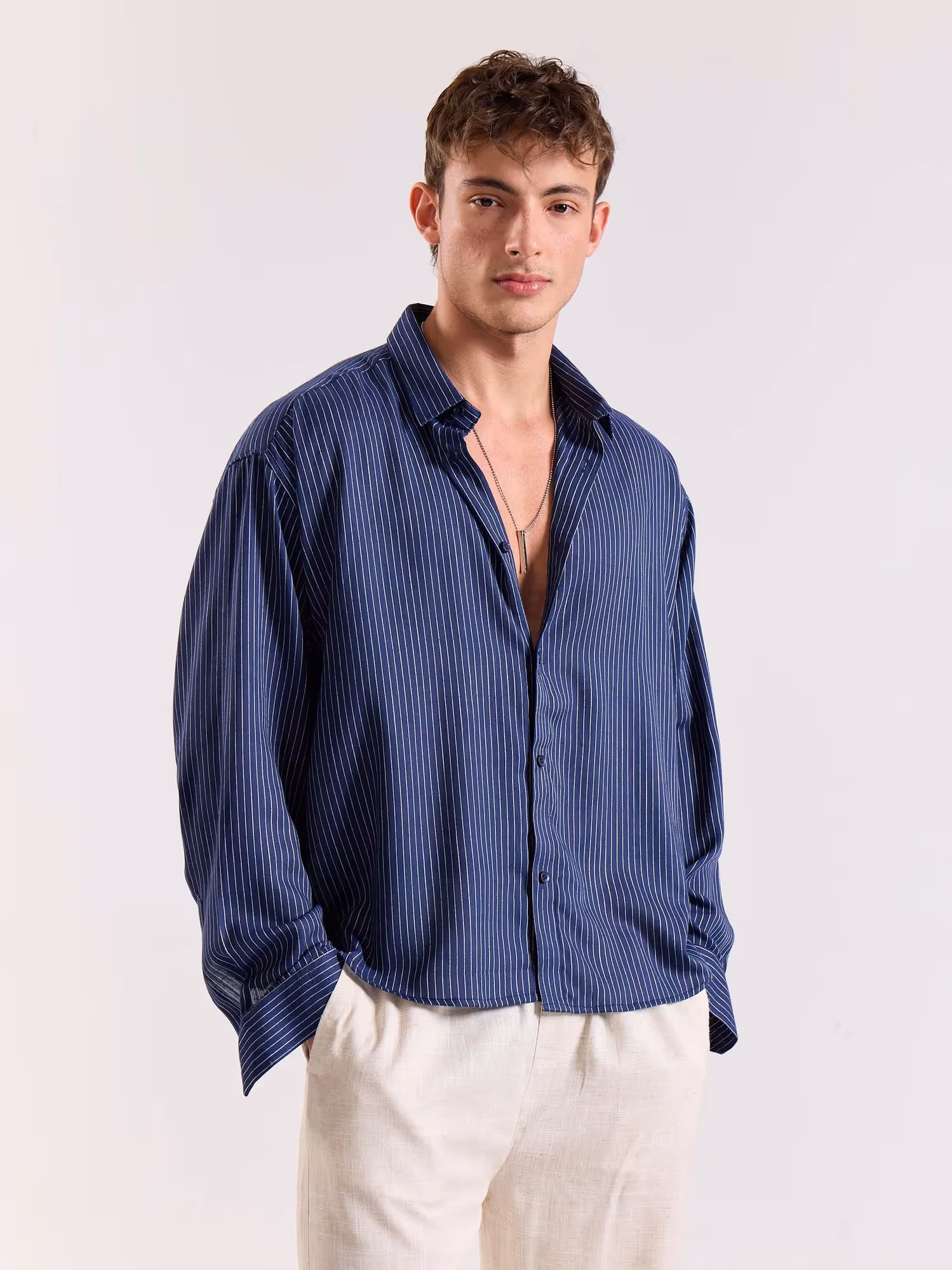 Blue Pinstriped Linen Cropped Shirt image 4