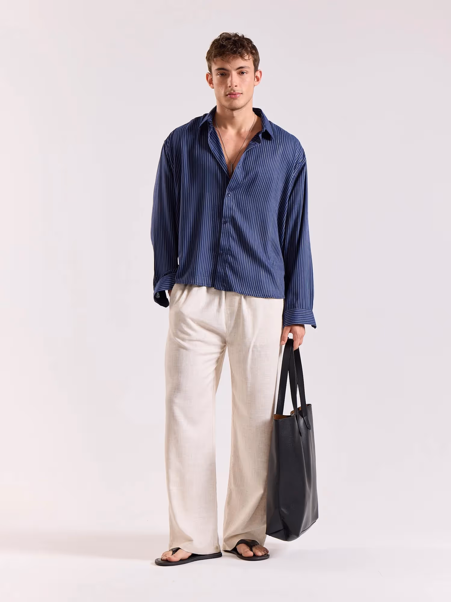 Blue Pinstriped Linen Cropped Shirt image 5