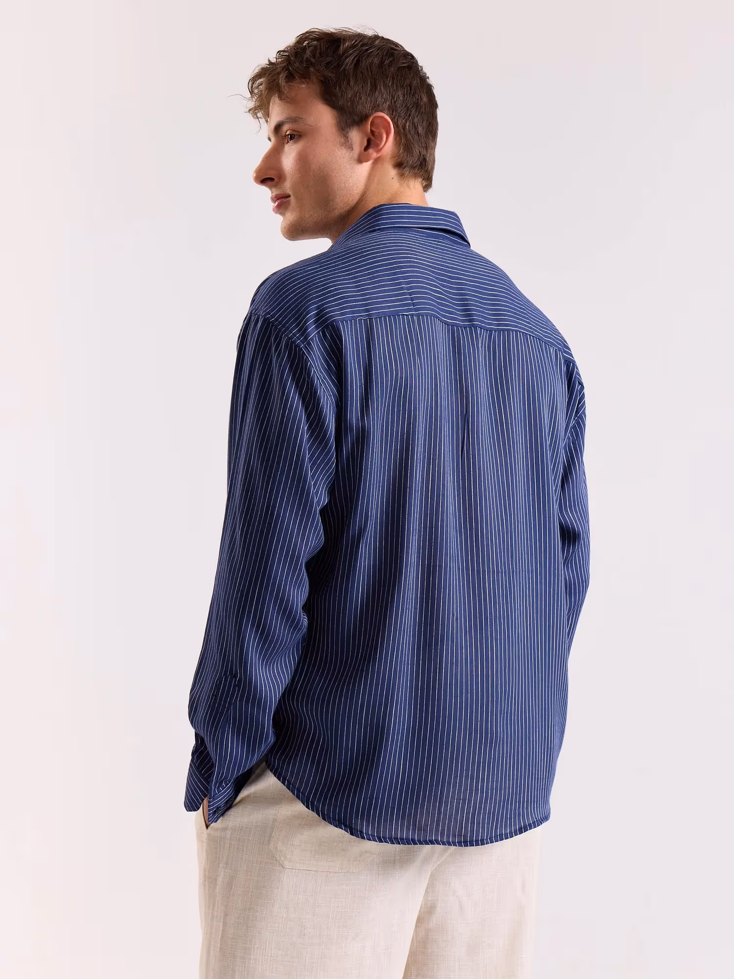 Blue Pinstriped Linen Cropped Shirt image 6