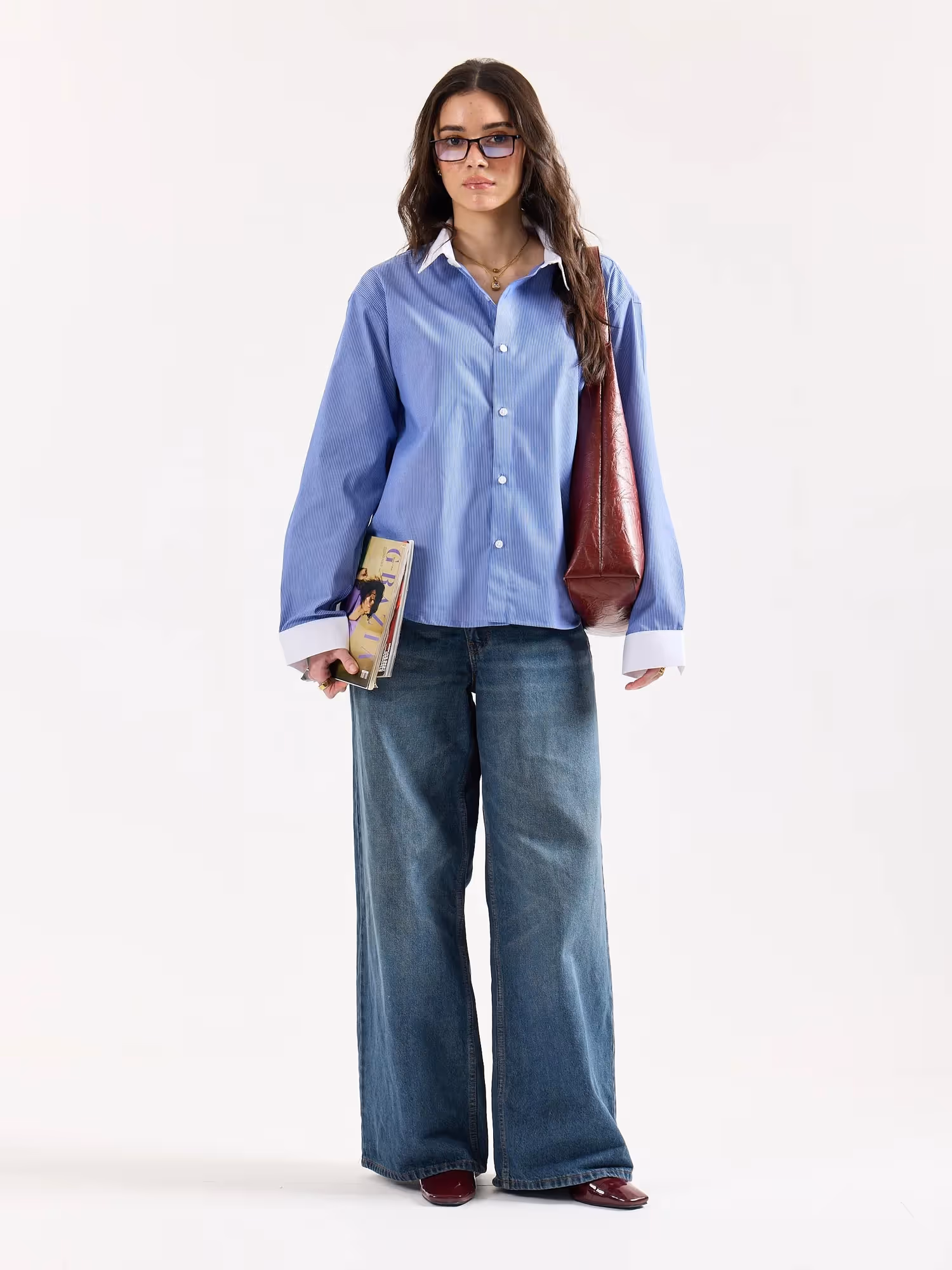 Blue Striped Contrast Collar Oversized Shirt image 2