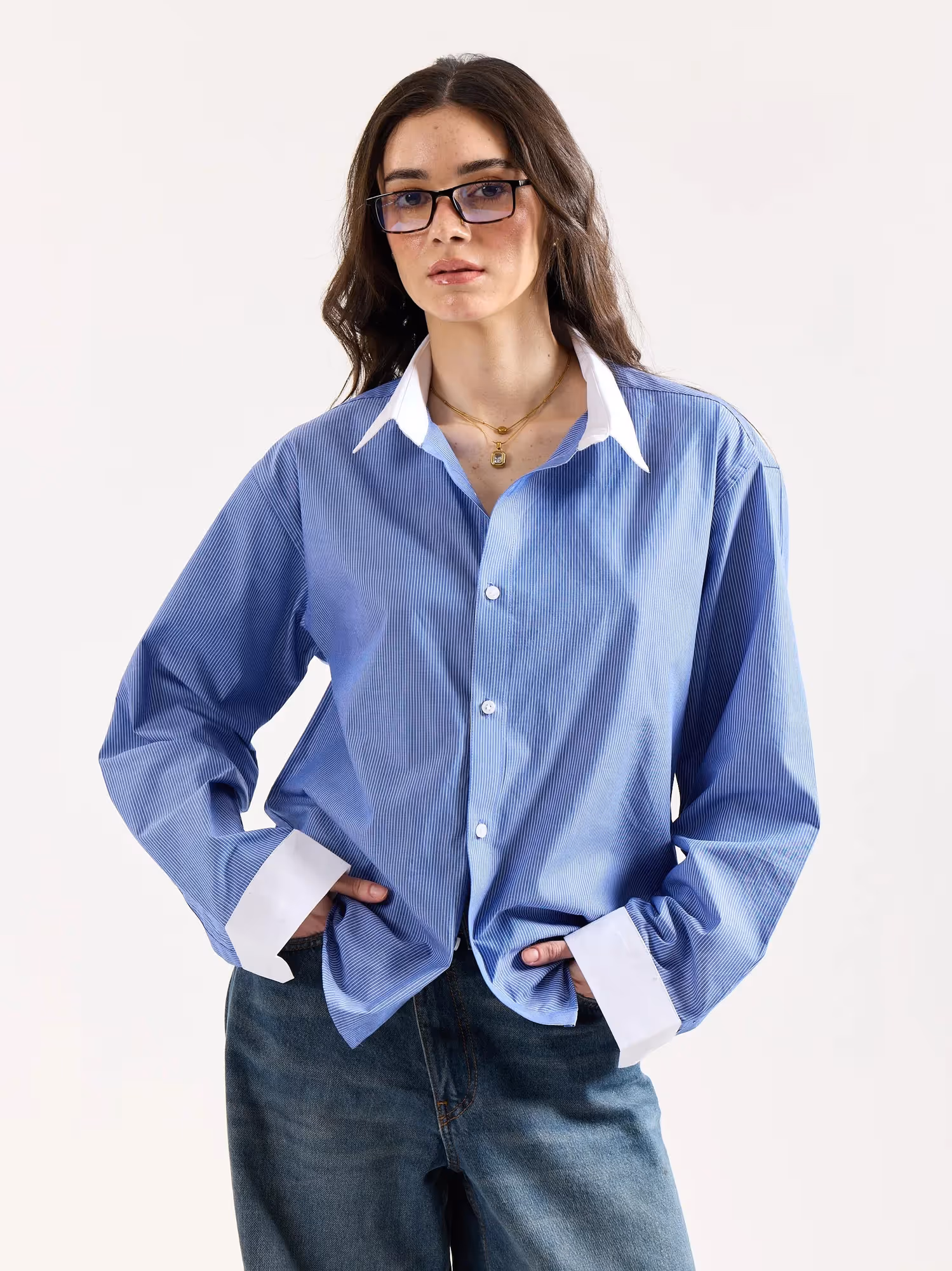 Blue Striped Contrast Collar Oversized Shirt image 4