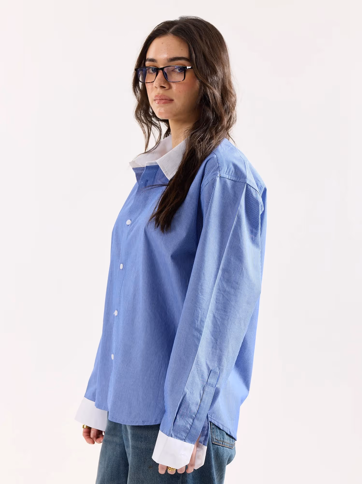 Blue Striped Contrast Collar Oversized Shirt image 7