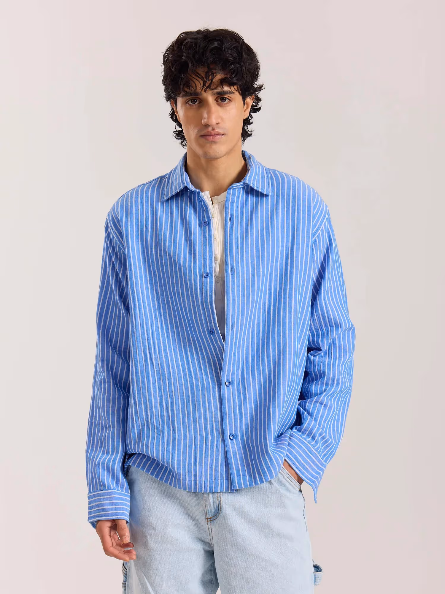 Blue Striped Gauze Holiday Shirt  image 2