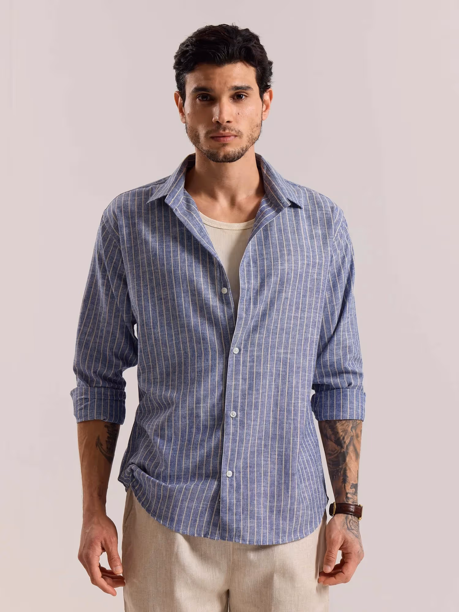 Blue Striped Linen-blend Shirt image 3
