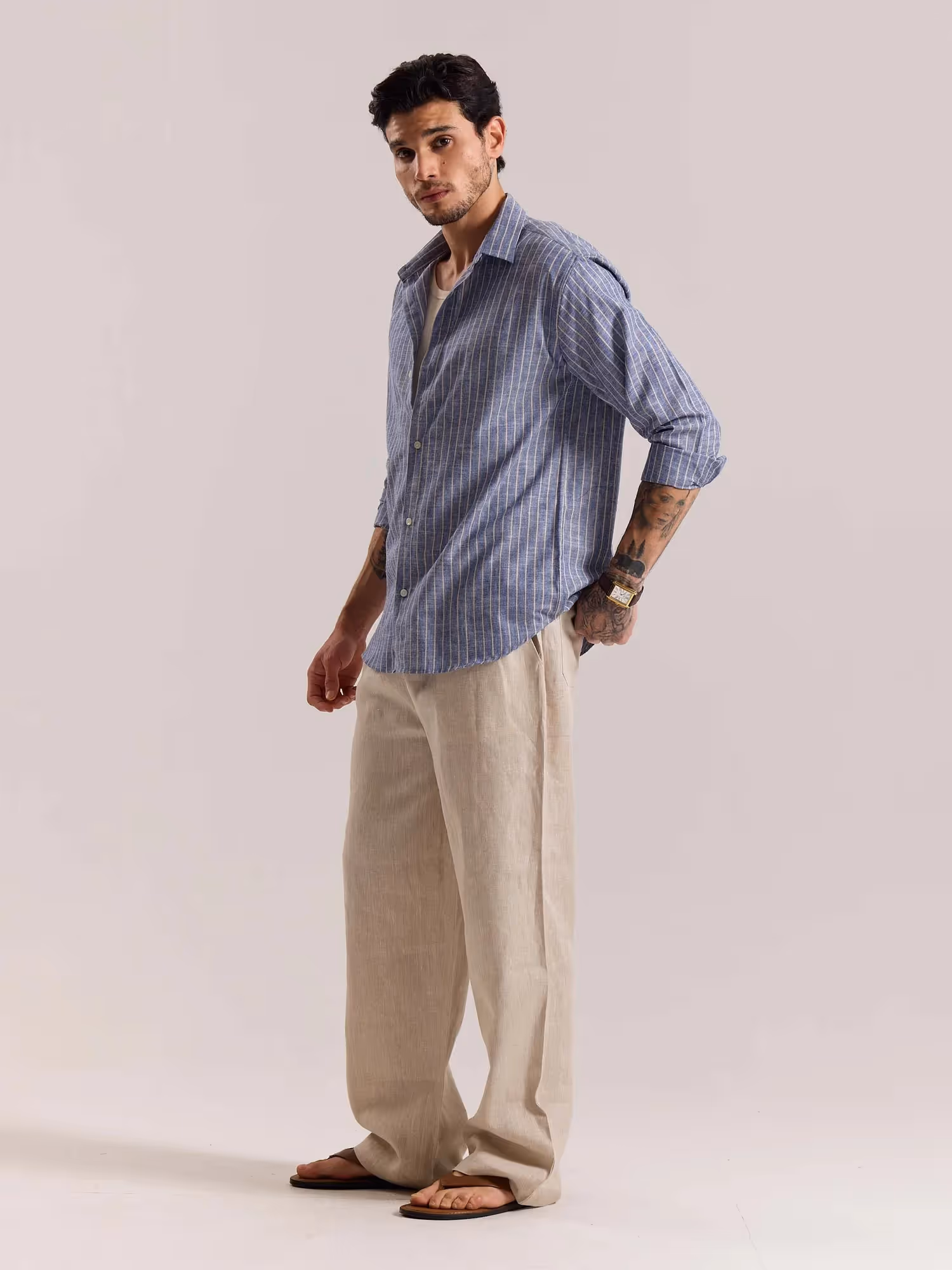 Blue Striped Linen-blend Shirt image 6