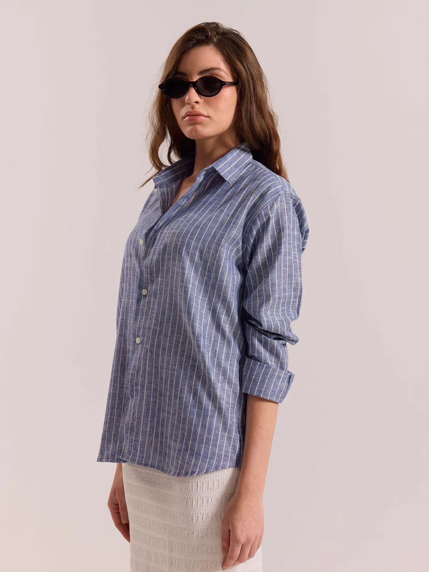 Blue Striped Linen-blend Shirt image 7